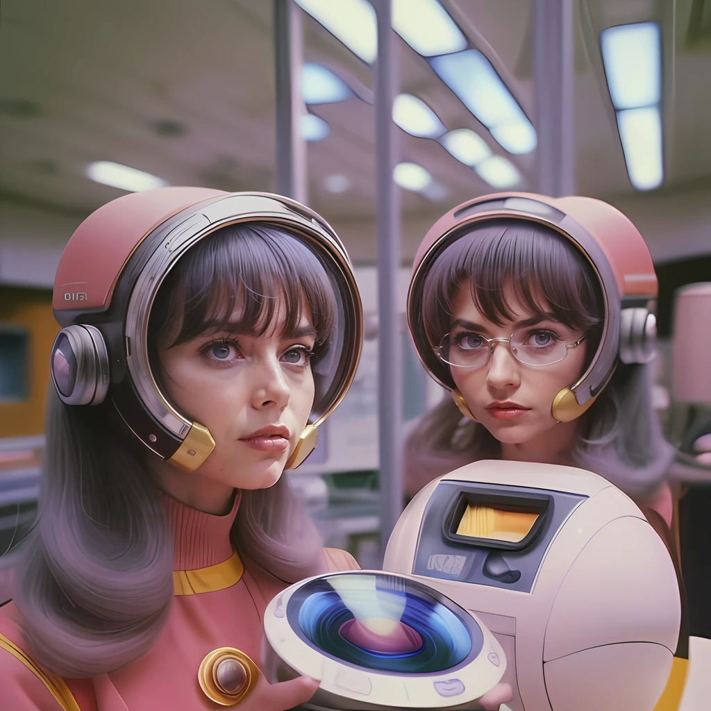 4k image from a 1960s science fiction film by Wes Anderson, Filme O Grande Hotel Budapeste, pastels colors, Young people wearing retrofuturistic alien glasses and holding colorful suitcases and chests on the bus, Retro-futuristic fashion clothes from the 60s with old robots, Luz Natural, Psicodelia, futurista estranho, retro-futurista, photo-realistic, Sharp background details.