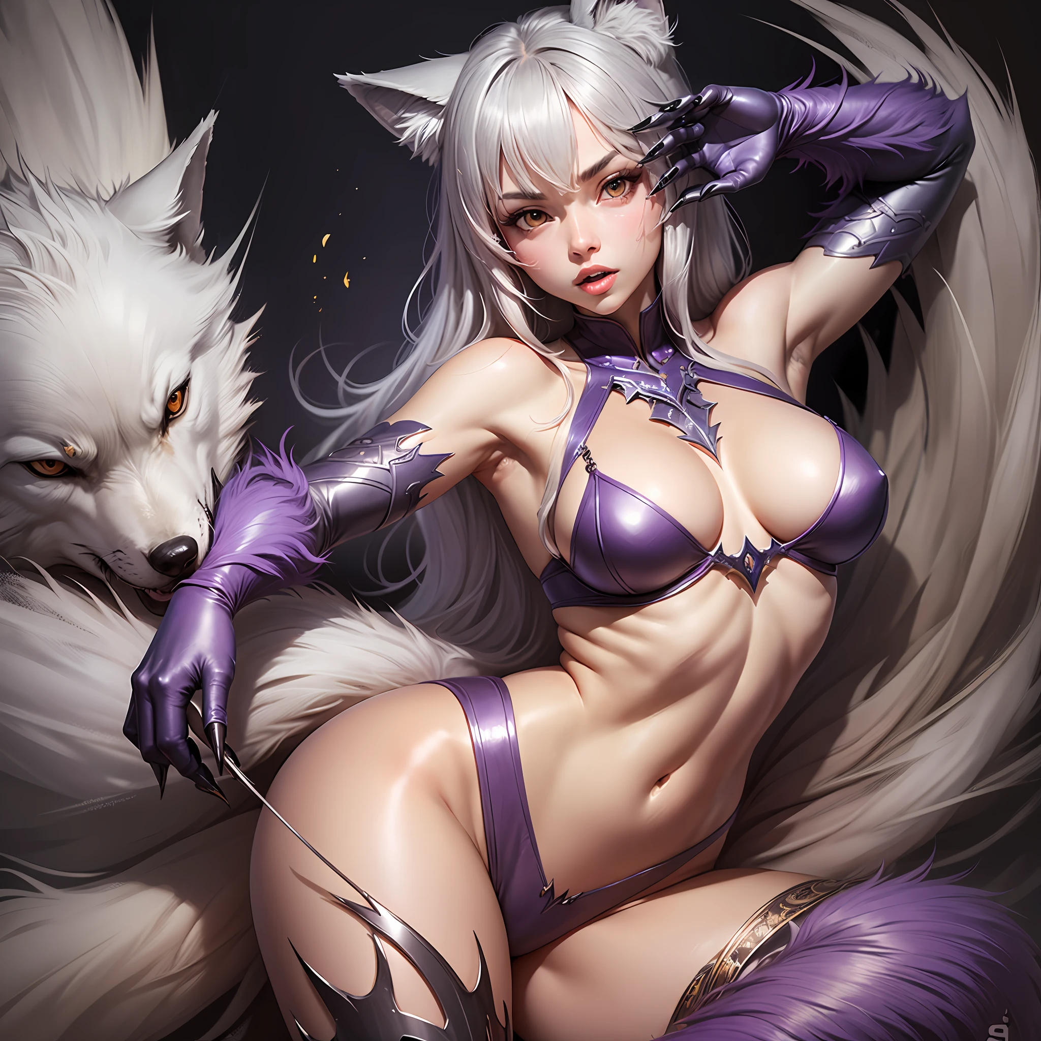 female body wolf, all skin cover by Brownish Purple fur, long silver claws, threatening pose --auto --s2