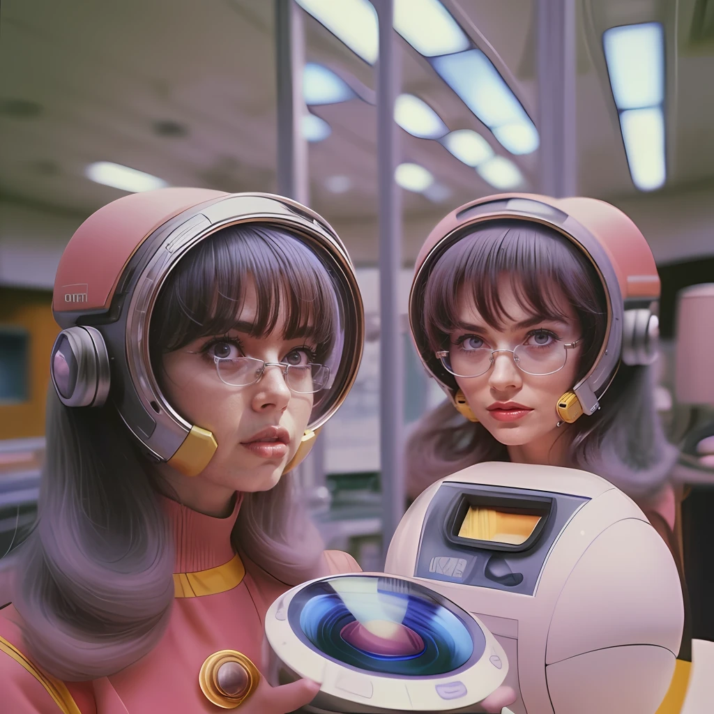 4k image from a 1960s science fiction film by Wes Anderson, Filme O Grande Hotel Budapeste, pastels colors, Young people wearing retrofuturistic alien glasses and holding colorful suitcases and chests on the bus, Retro-futuristic fashion clothes from the 60s with old robots, Luz Natural, Psicodelia, futurista estranho, retro-futurista, photo-realistic, Sharp background details.