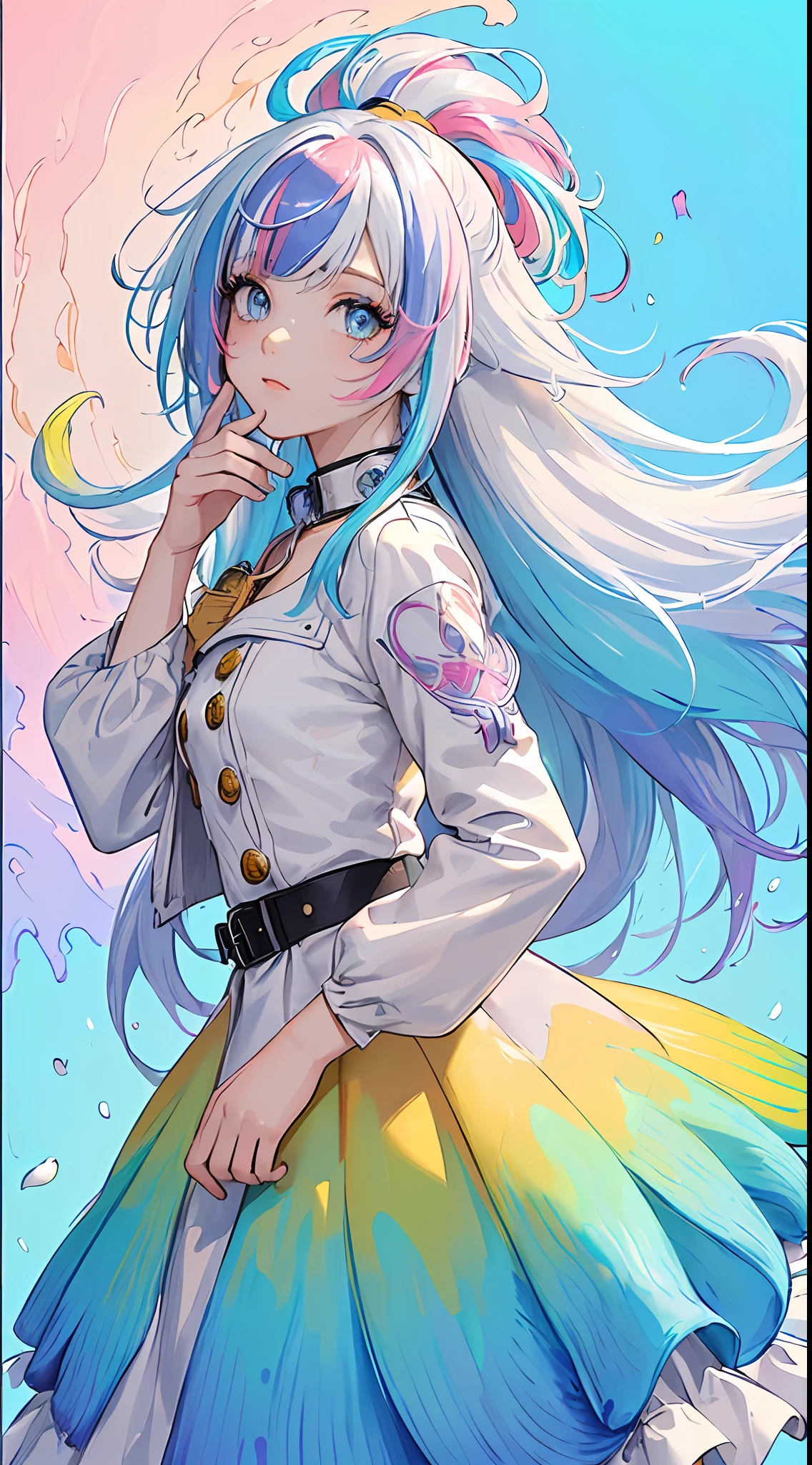 (Pink Fashion jacket:1.9),(Colorful hair: 1.8), (all the colours of the rainbow: 1.8),(((((vertical painting:1.6))), (painting:1.6),front, comics, illustrations, paintings, large eyes, crystal clear eyes,( rainbow color gradient high ponytail:1.7), exquisite makeup, closed mouth,(Small Fresh: 1.5), long eyelashes, colorful jacket, looking at the audience, large watery eyes, (rainbow colored hair:1.6), color splash, (solo:1.8), color splash, color explosion, thick paint style, messy lines, ((shining)),(colorful), (colorful), (colorful), colorful, Thick Paint Style, (Splash) (Color Splash), Vertical Painting, Upper Body, Paint Splash, Acrylic Pigment, Gradient, Paint, Highest Image Quality, Highest Quality, Masterpiece, Solo, Depth of Field, Face Paint, colorful jacket, (Elegant: 1.2), gorgeous,long hair, wind, (Elegant: 1.3), (Petals: 1.4),(((masterpiece))),(((best quality))),((ultra-detailed)),(illustration),(dynamic angle),((floating)),(paint),((disheveled hair)),(solo),(1girl) , (((detailed anima face))),((beautiful detailed face)),collar, white hair, ((colorful hair)),((streaked hair)),beautiful detailed eyes,(Gradient color eyes),(((colorful eyes))),(((colorful background))),(((high saturation))),(((surrounded by colorful splashes))),