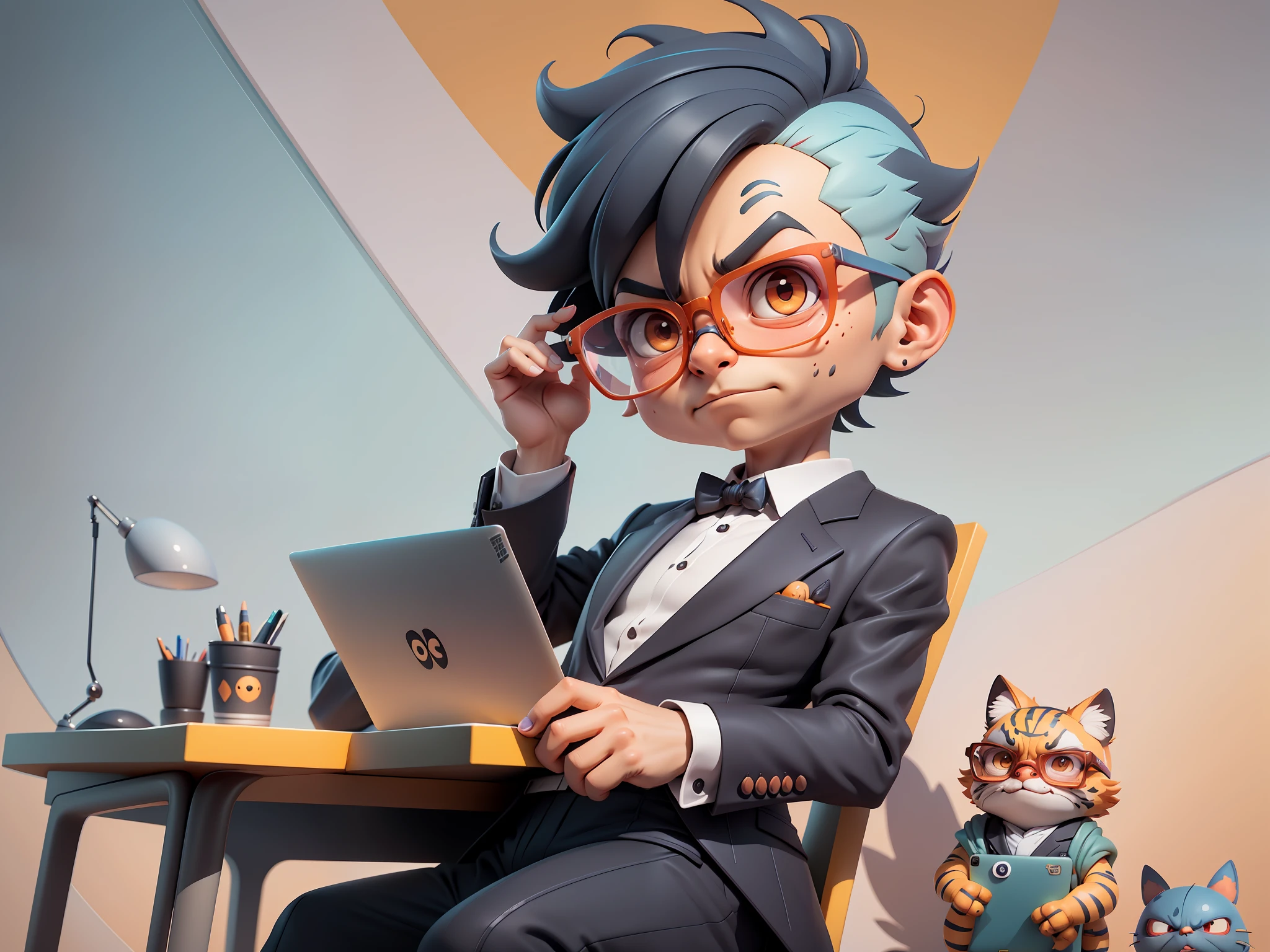 A young man in a suit, Short hair and glasses sat at his desk,holding laptop,digitial painting,tigre,3D character design by Mark Clairen and Pixar and Hayao Miyazaki and Akira Toriyama,4K HD illustration,Very detailed facial features and cartoon-style visuals。