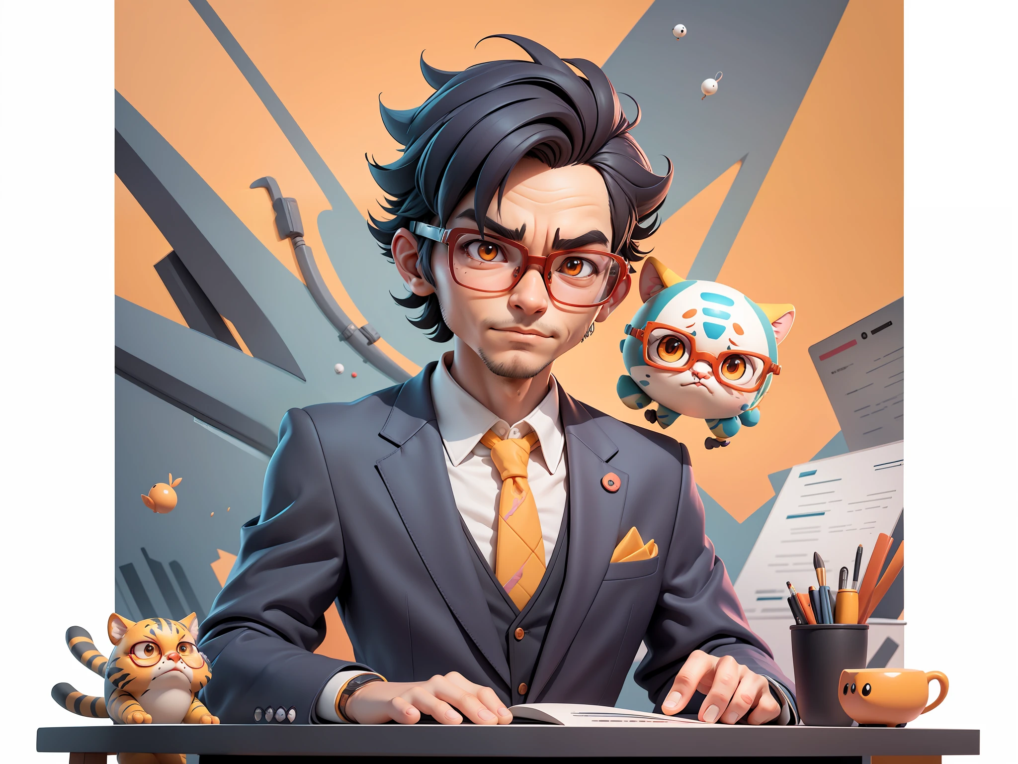 A young man in a suit, Short hair and glasses sat at his desk,holding laptop,digitial painting,tigre,3D character design by Mark Clairen and Pixar and Hayao Miyazaki and Akira Toriyama,4K HD illustration,Very detailed facial features and cartoon-style visuals。