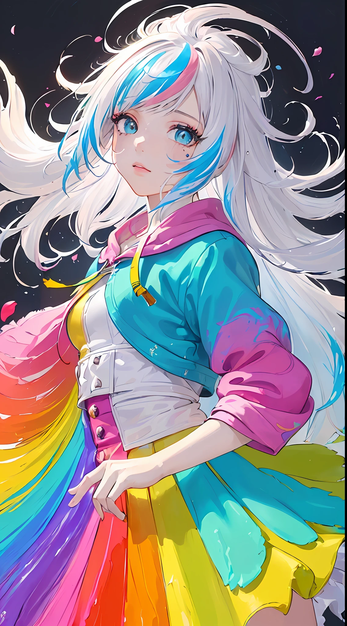 (Pink Fashion jacket：1.9)，(Colorful hair: 1.8), (all the colours of the rainbow: 1.8),(((((vertical painting：1.6))), （painting：1.6），front, comics, illustrations, paintings, large eyes, crystal clear eyes,（ rainbow color gradient high ponytail：1.7）, exquisite makeup, closed mouth,(Small Fresh: 1.5), long eyelashes, colorful jacket, looking at the audience, large watery eyes, (rainbow colored hair：1.6), color splash, （solo：1.8）, color splash, color explosion, thick paint style, messy lines, ((shining))，(colorful), (colorful), (colorful), colorful, Thick Paint Style, (Splash) (Color Splash), Vertical Painting, Upper Body, Paint Splash, Acrylic Pigment, Gradient, Paint, Highest Image Quality, Highest Quality, Masterpiece, Solo, Depth of Field, Face Paint,  colorful jacket, (Elegant: 1.2), gorgeous,long hair, wind, (Elegant: 1.3), (Petals: 1.4)，(((masterpiece))),(((best quality))),((ultra-detailed)),(illustration),(dynamic angle),((floating)),(paint),((disheveled hair)),(solo),(1girl) , (((detailed anima face))),((beautiful detailed face)),collar, white hair, ((colorful hair)),((streaked hair)),beautiful detailed eyes,(Gradient color eyes),(((colorful eyes))),(((colorful background))),(((high saturation))),(((surrounded by colorful splashes))),