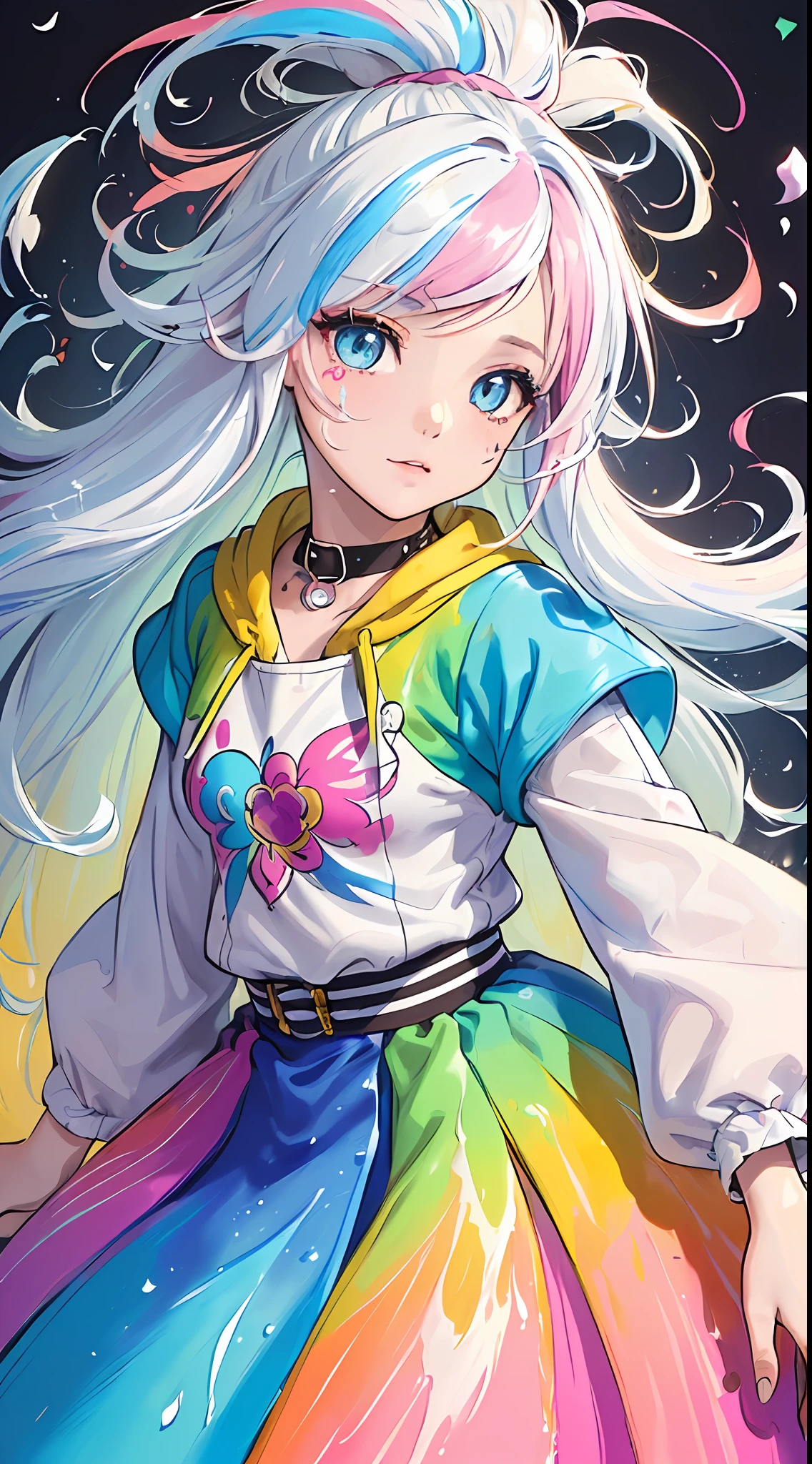 (Pink Fashion jacket:1.9),(Colorful hair: 1.8), (all the colours of the rainbow: 1.8),(((((vertical painting:1.6))), (painting:1.6),front, comics, illustrations, paintings, large eyes, crystal clear eyes,( rainbow color gradient high ponytail:1.7), exquisite makeup, closed mouth,(Small Fresh: 1.5), long eyelashes, colorful jacket, looking at the audience, large watery eyes, (rainbow colored hair:1.6), color splash, (solo:1.8), color splash, color explosion, thick paint style, messy lines, ((shining)),(colorful), (colorful), (colorful), colorful, Thick Paint Style, (Splash) (Color Splash), Vertical Painting, Upper Body, Paint Splash, Acrylic Pigment, Gradient, Paint, Highest Image Quality, Highest Quality, Masterpiece, Solo, Depth of Field, Face Paint, colorful jacket, (Elegant: 1.2), gorgeous,long hair, wind, (Elegant: 1.3), (Petals: 1.4),(((masterpiece))),(((best quality))),((ultra-detailed)),(illustration),(dynamic angle),((floating)),(paint),((disheveled hair)),(solo),(1girl) , (((detailed anima face))),((beautiful detailed face)),collar, white hair, ((colorful hair)),((streaked hair)),beautiful detailed eyes,(Gradient color eyes),(((colorful eyes))),(((colorful background))),(((high saturation))),(((surrounded by colorful splashes))),