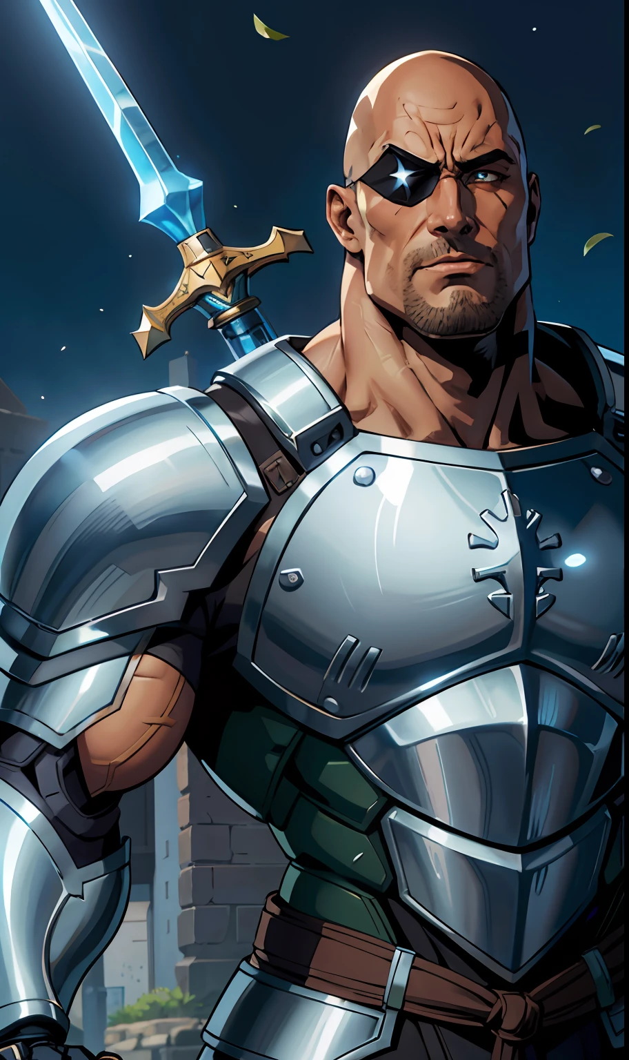anime, male portrait, big man, very muscular, armor, cybernetic medieval gentleman, Dwayne Johnson face, bald, brown, glowing blue eye, human robot, Dwayne Johnson, sarcastic face, holding fantastic medieval giant sword, green cybernetic medieval armor and black, dynamic fight pose, detailed, epic composition, eyepatch on right eye, scar on right eye showing metal part, chubby, bara, green armor, Black armor, big armor Knight, cybernetic warrior, big sword, high quality, 4k --V6