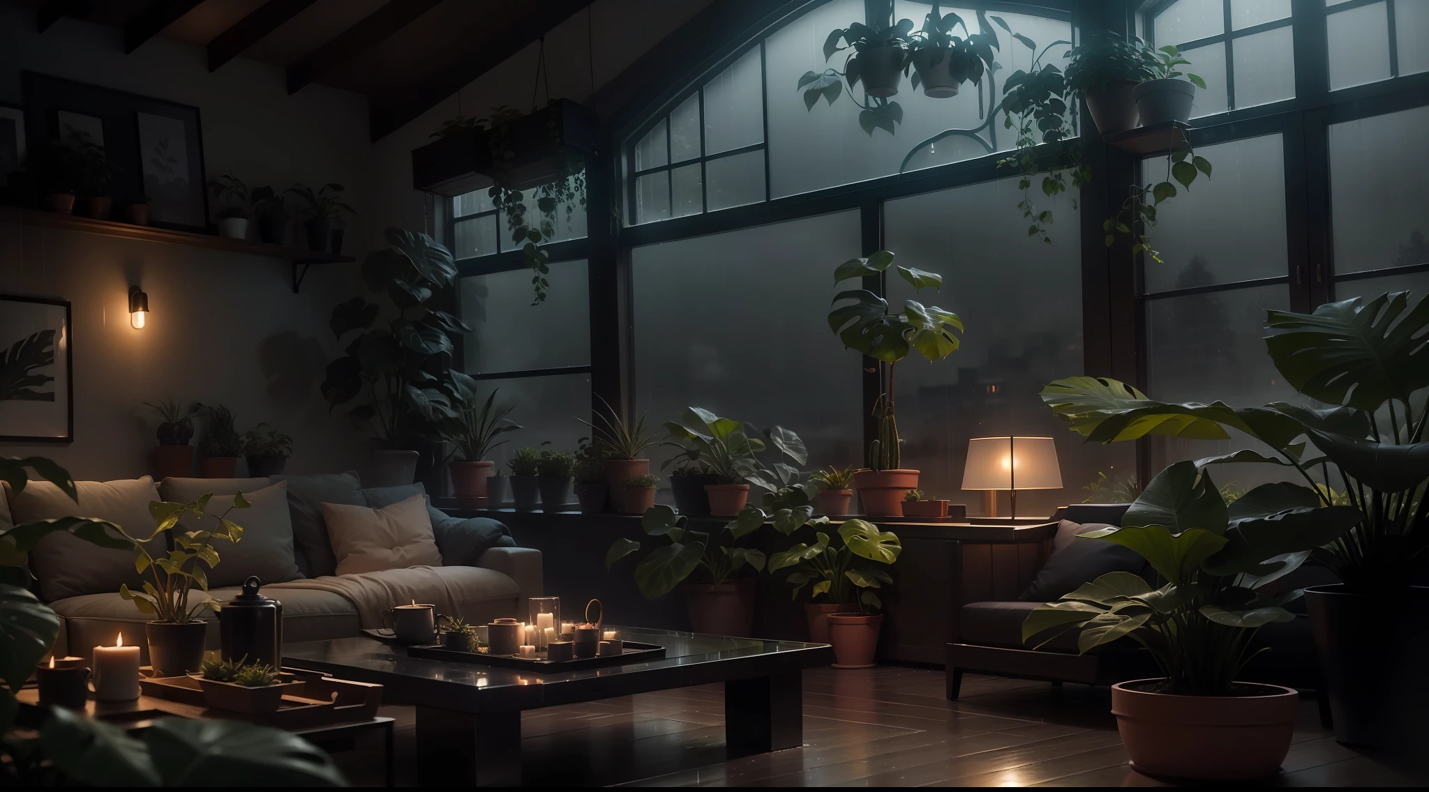 The modern living room of the Middle Ages is dimly lit，There were dark rainy nights outside, (Foggy and rainy nights:1.2), Pacific Northwest, (Dim lighting:1.4), (Moody lighting:1.2), A plant, Large plants, Rainy, Monstera, Many plants, (Foggy windows:1.2), Masterpiece, Best quality, Twilight Hour, (during night:1.4), rainy evening, After sunset,
