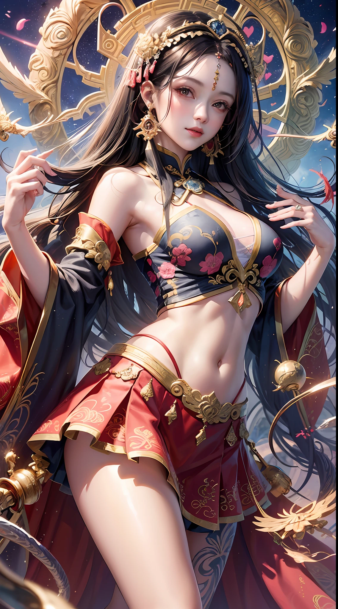 Official Art, Unified 8K Wallpapers, Ultra Detailed, Beautiful and Aesthetic, Masterpiece, Best Quality, (Zentangle, Tangle, Entangle), (fractal art: 1.4), 1girl, black hair, Chinese, off-the-shoulders, casual top, pink skirt, bump, calf, navel, very detailed, dynamic angle, cowboyshot, (most beautiful form of chaos), ethereal, (bright colors), oc, (half: 1.2), china, (thangka flying sky: 1.5), (ribbon: 1.3), (dream: 1.5), (hanfu: 1.5), Chinese dragon, Chinese phoenix, (smile: 0.5), (Chinese deity) --auto --s2