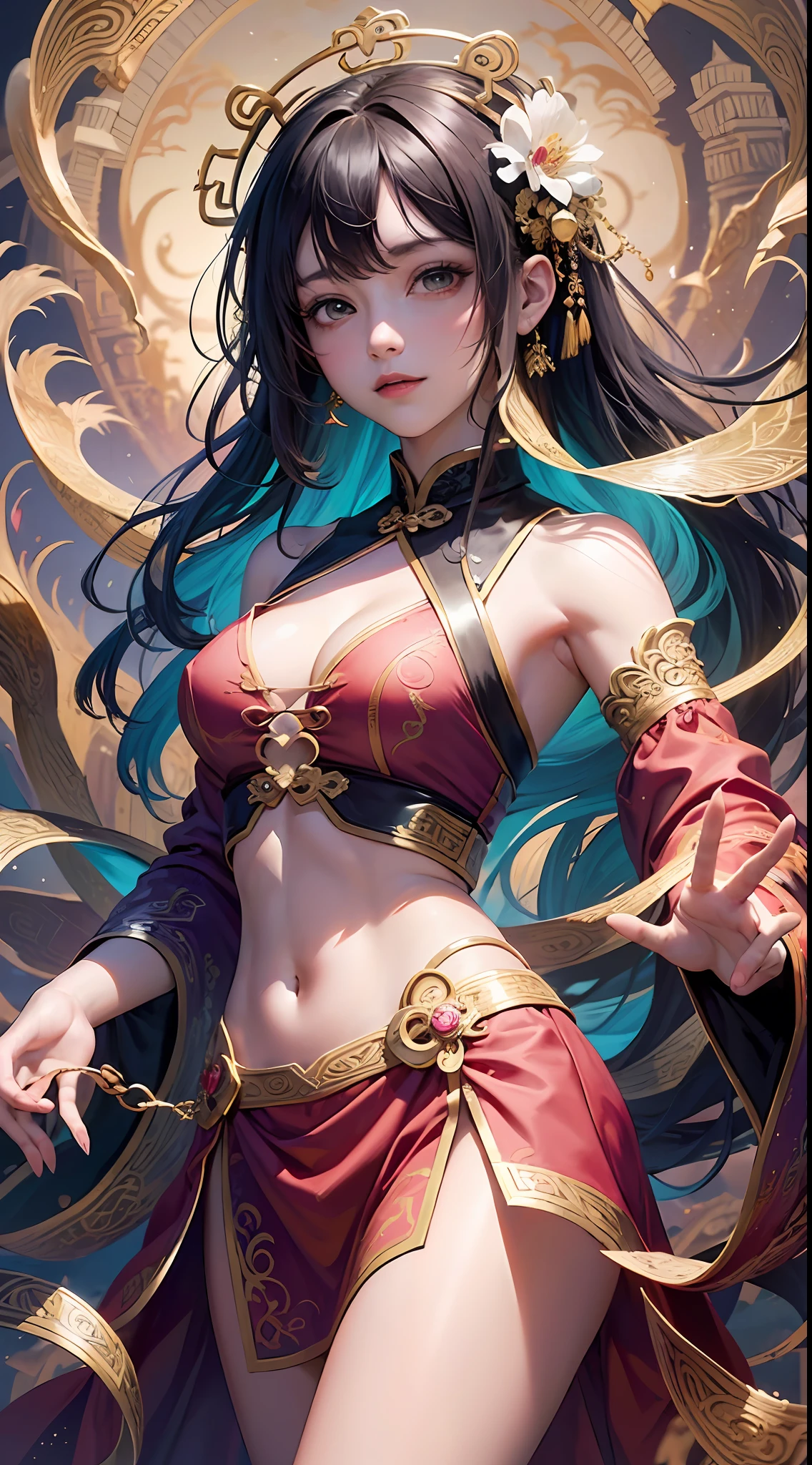 Official Art, Unified 8K Wallpapers, Ultra Detailed, Beautiful and Aesthetic, Masterpiece, Best Quality, (Zentangle, Tangle, Entangle), (fractal art: 1.4), 1girl, black hair, Chinese, off-the-shoulders, casual top, pink skirt, bump, calf, navel, very detailed, dynamic angle, cowboyshot, (most beautiful form of chaos), ethereal, (bright colors), oc, (half: 1.2), china, (thangka flying sky: 1.5), (ribbon: 1.3), (dream: 1.5), (hanfu: 1.5), Chinese dragon, Chinese phoenix, (smile: 0.5), (Chinese deity) --auto --s2