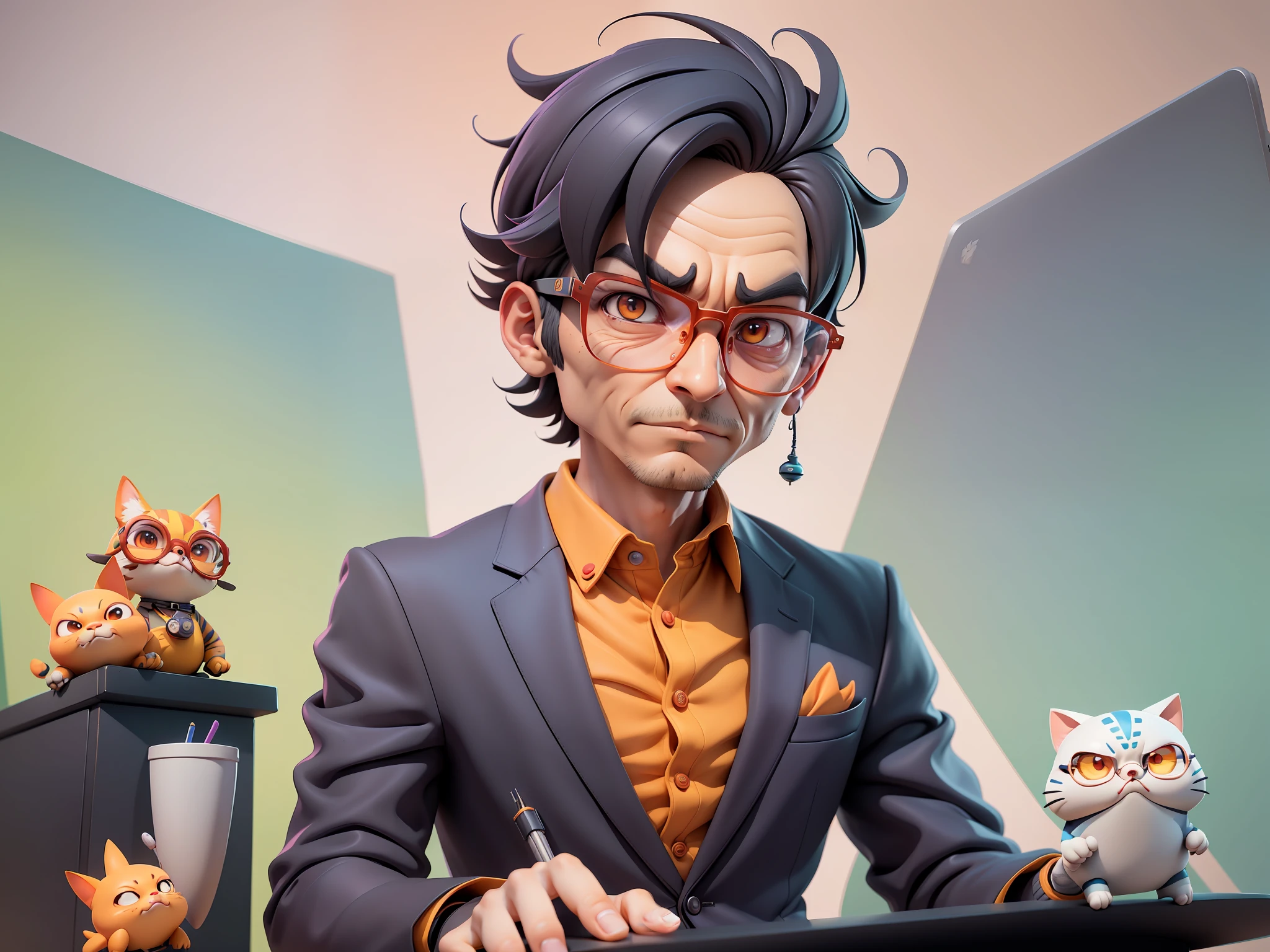 A young man in a suit, Short hair and glasses sat at his desk，holding laptop，digitial painting，tigre，3D character design by Mark Clairen and Pixar and Hayao Miyazaki and Akira Toriyama，4K HD illustration，Very detailed facial features and cartoon-style visuals。