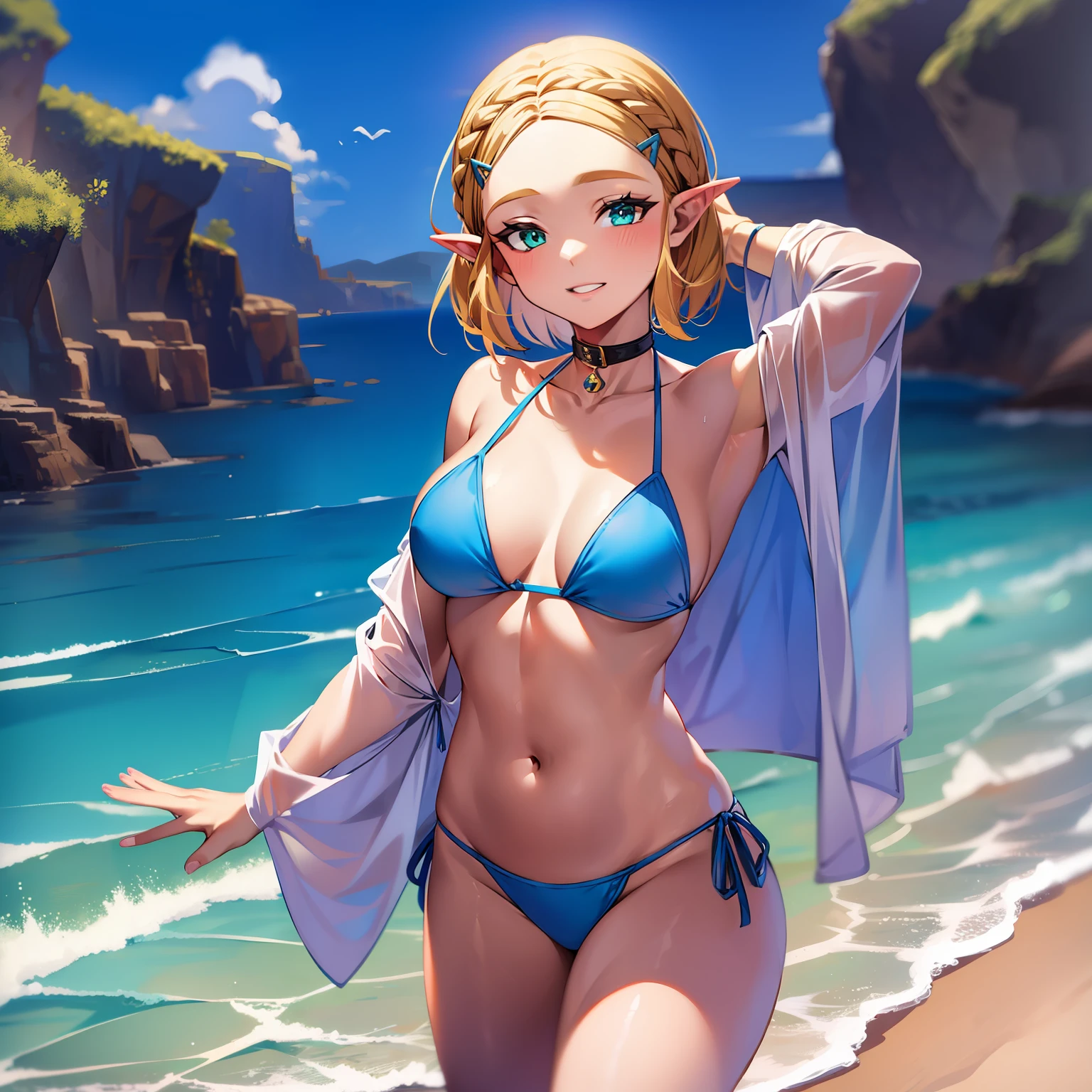 masterpiece,best quality,zelda\(princess\), 1girl, solo, breasts,short_hair,bikini,beach,pose