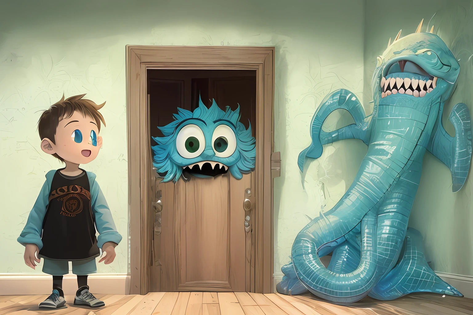 No dia seguinte, JOHN, de 8 anos, wakes up early and runs to the closet. He opens the door and sees that the closet is empty, But in its place is a small memory that the monster left for him. It is a bright blue crystal, como a cor dos olhos do monstro.