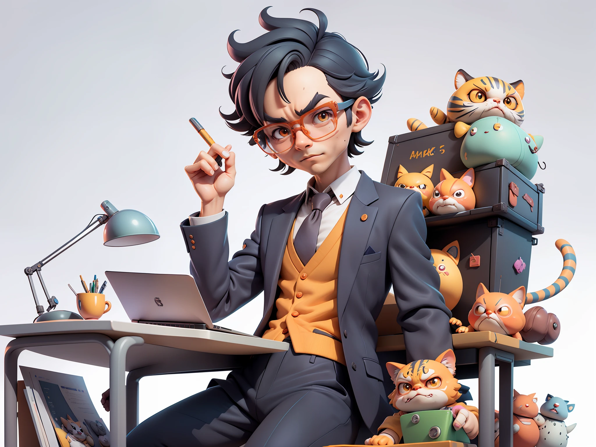 A young man in a suit, Short hair and glasses sat at his desk，holding laptop，digitial painting，tigre，3D character design by Mark Clairen and Pixar and Hayao Miyazaki and Akira Toriyama，4K HD illustration，Very detailed facial features and cartoon-style visuals。