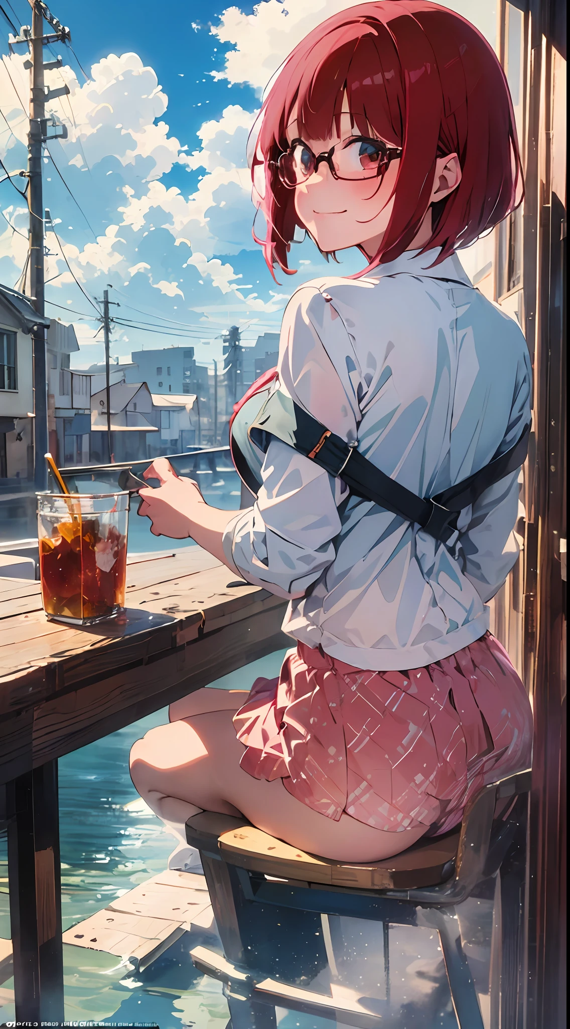 (Masterpiece, Best Quality, Best Quality, Watercolor (Medium), Official Art, Beautiful and Aesthetic: 1.2), (1 Girl: 1.3), (Fractal Art: 1.3), Full Body, (Chair), ((Back View)), Pattern, Short Hair, (Colorful Hair, Red and Pink Hair: 1.2), Clouds, Smile, Glasses, Close Up, Heterochromia, (Colorful: 1.5), (Embarrassed Face), (Rainbow)), (((Fullback))