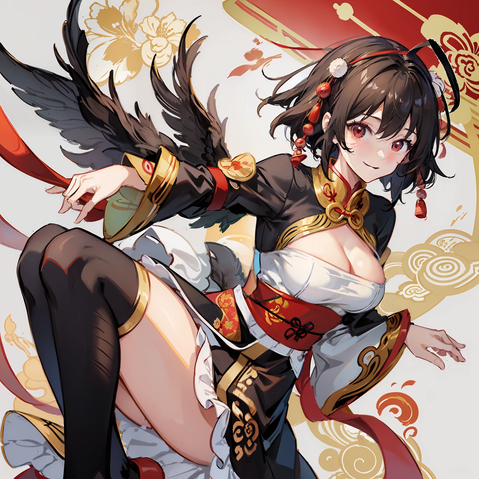 Anime art of Seishō Marubun in traditional Chinese costume, 1girl in, Solo, breasts, The hair , Bow, chinese clothes, Dress, qipao dress, hair tubes, cleavage、mideum breasts, Black hair, Brown eyes, alternate costume, Smile, Clothes Cutout