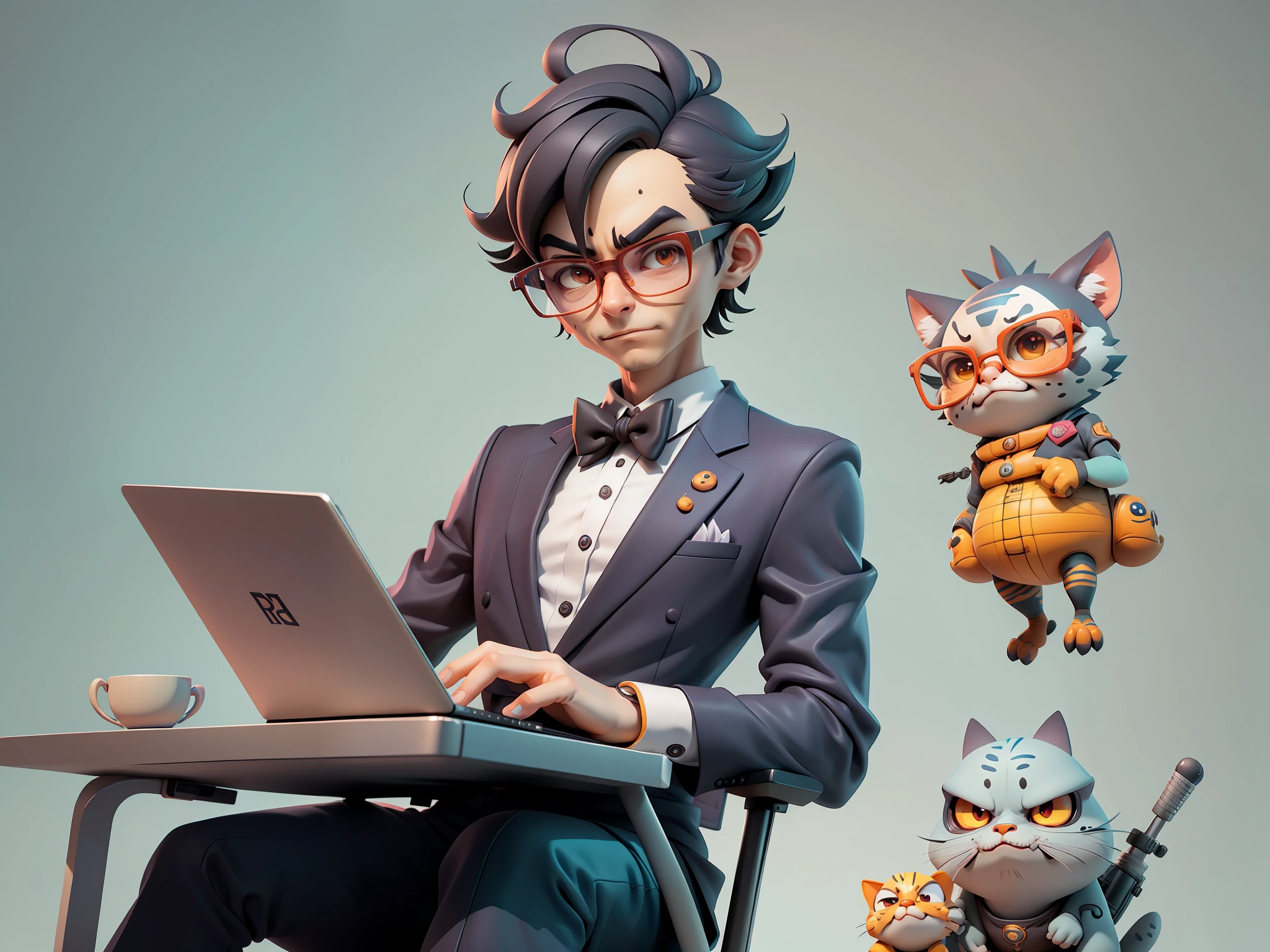 A young man in a suit, Short hair and glasses sat at his desk,holding laptop,digitial painting,tigre,3D character design by Mark Clairen and Pixar and Hayao Miyazaki and Akira Toriyama,4K HD illustration,Very detailed facial features and cartoon-style visuals。
