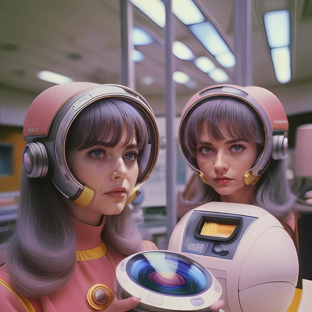4k image from a 1960s science fiction film by Wes Anderson, Filme O Grande Hotel Budapeste, pastels colors, Young people wearing retrofuturistic alien glasses and holding colorful suitcases and chests on the bus, Retro-futuristic fashion clothes from the 60s with old robots, Luz Natural, Psicodelia, futurista estranho, retro-futurista, photo-realistic, Sharp background details.