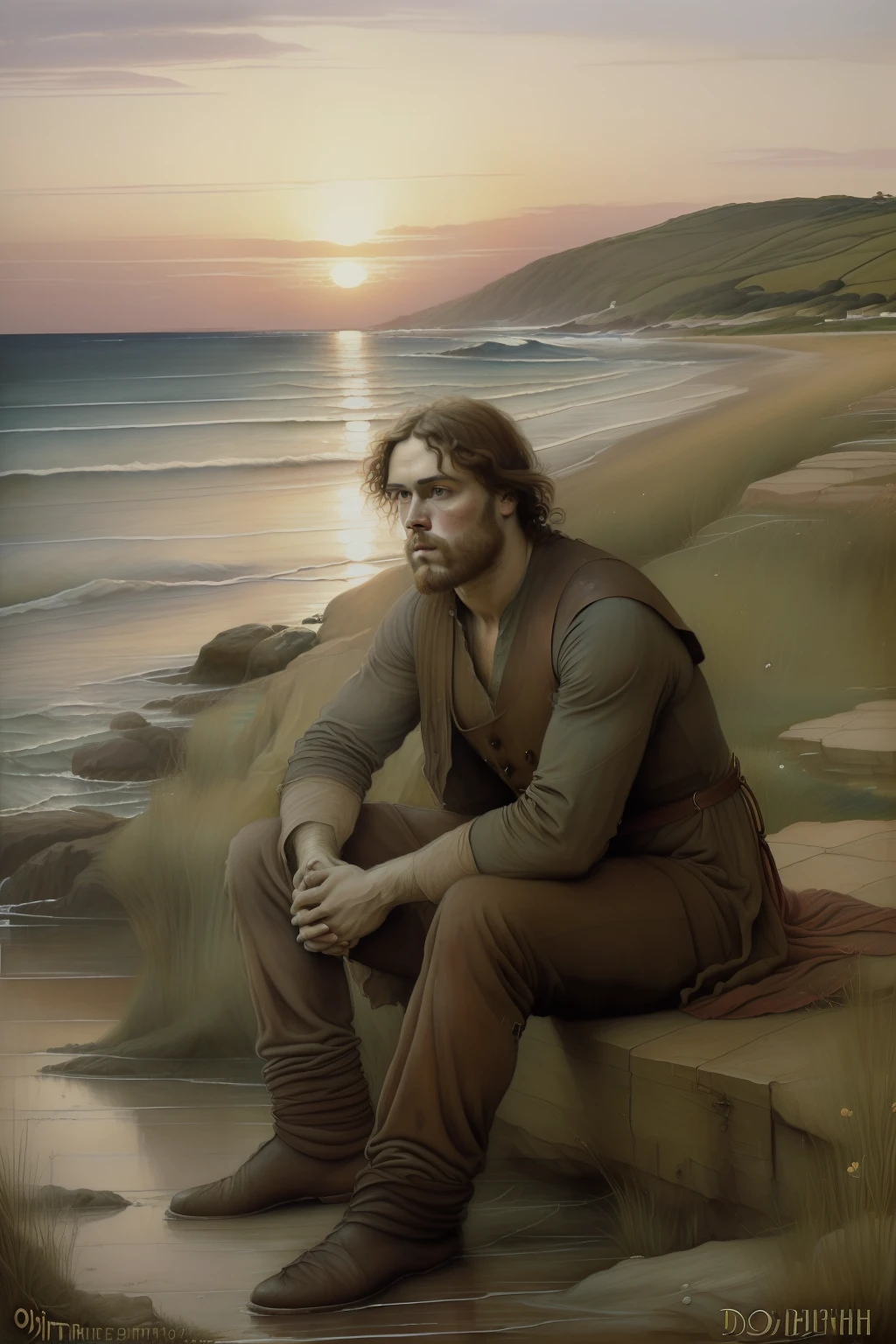 hands interlocked. (((Pre-Raphaelite painting of a rustic man looking tired and depressed, olha para baixo, Sunset on the sad sea, doente, triste, cansado, olhar baixo, wistful)))