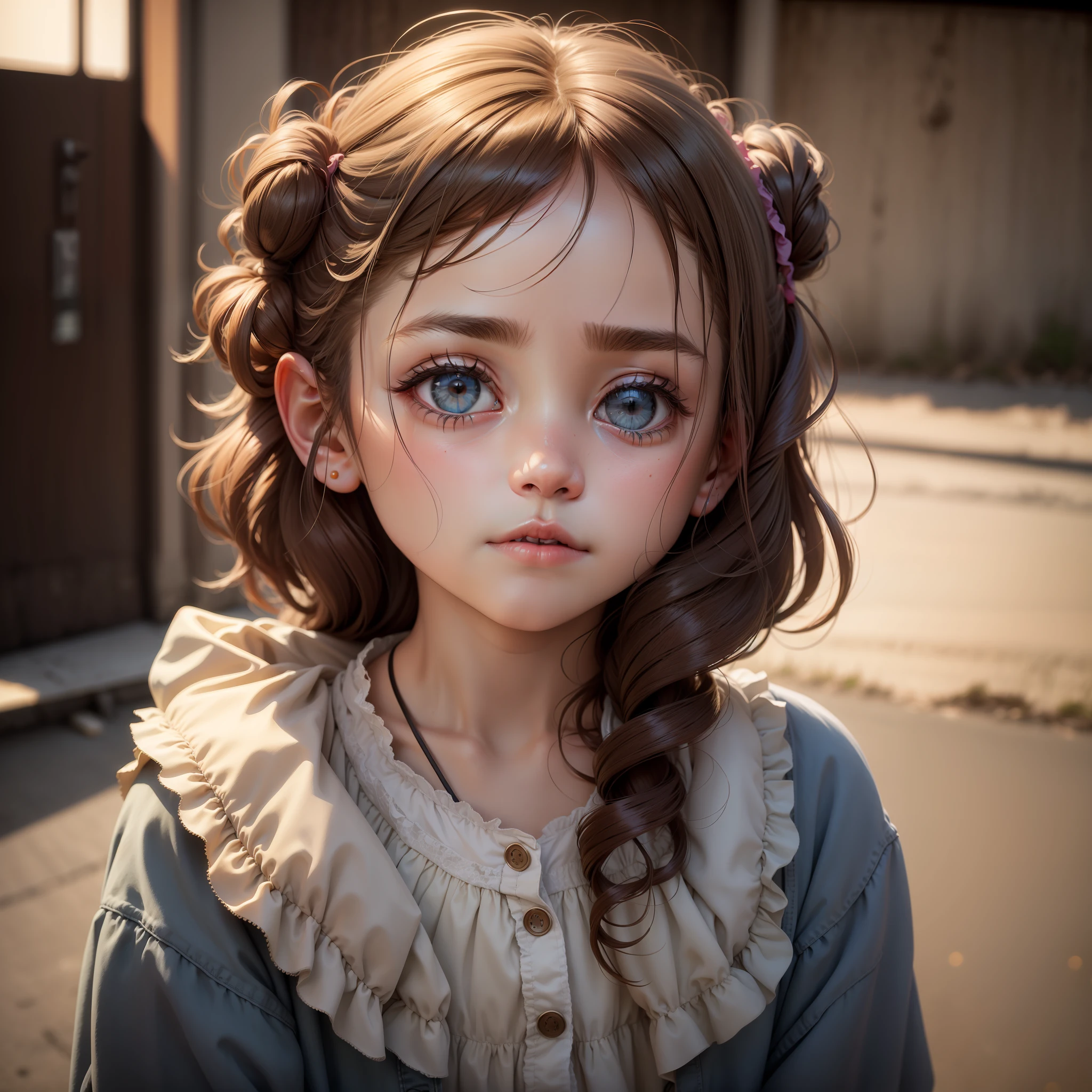 (Modelshoot style), sad homeless  girl ((wearing shabby clothes)), (shy), 1girl, solo, brown curly messy hair, very delicate face, beautiful eyes, [chubby], cute, with rosy cheeks and bright, sad eyes, stunning beauty, (rembrandt lighting), zeiss lens, ultra-realistic, (high detail skin: 1.2), 8k uhd, DSLR, dramatic edge light, High quality, Fujifilm XT3,