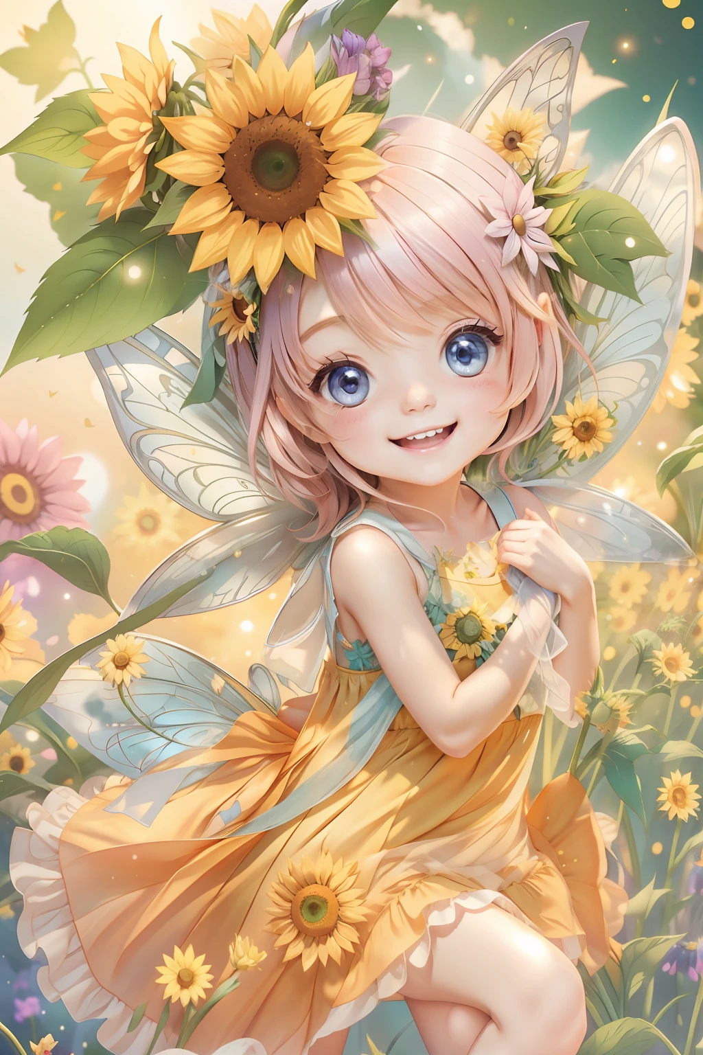 Cute fairy with a sense of transparency、Bright smile、Have fun playing、Beautiful background、Bright background、Sunflower background