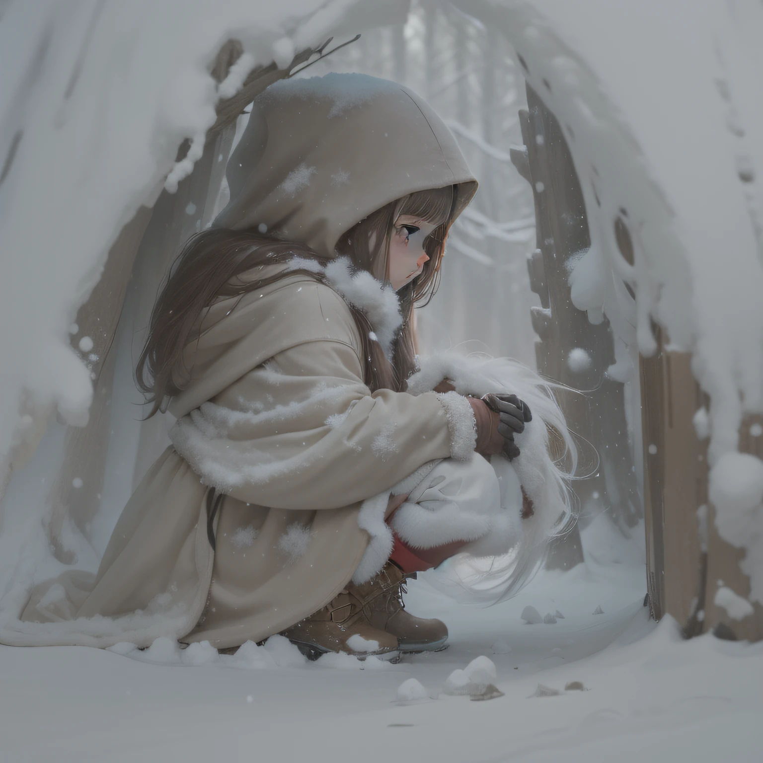 1girl, solo, snow, long hair, hood, fire, outdoors, brown hair, boots, snowing, from side, tree, suitcase, cloak, blurry, hood up, forest, gloves, nature, brown eyes, red gloves, squatting, closed mouth, hooded cloak, winter, depth of field, black footwear, red cloak