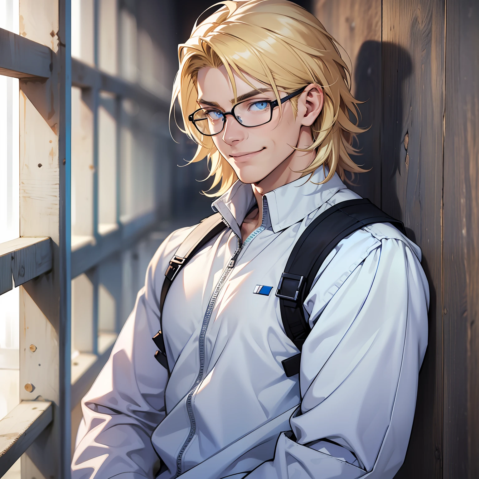 I am a young attractive man with shoulder length blonde hair. My eyebrows are the same color as my hair. I also have pale blue eyes that look like ice. I dress in clothes that fit my frame, nothing too tight or too baggy. And of course I have a sly yet confident smile. Bara. Glasses