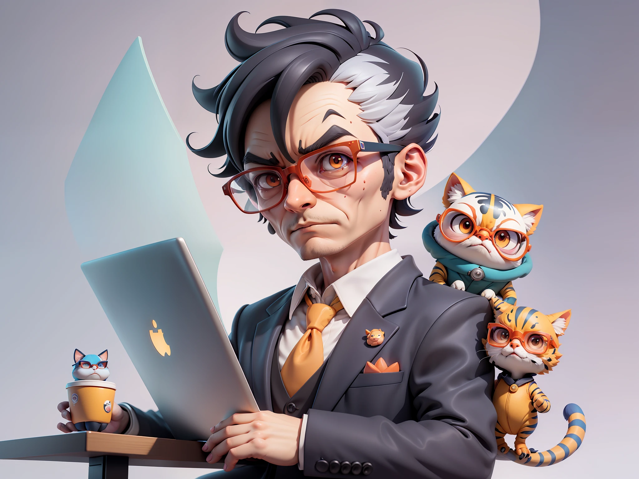 A young man in a suit, Short hair and glasses sat at his desk,holding laptop,digitial painting,tigre,3D character design by Mark Clairen and Pixar and Hayao Miyazaki and Akira Toriyama,4K HD illustration,Very detailed facial features and cartoon-style visuals。