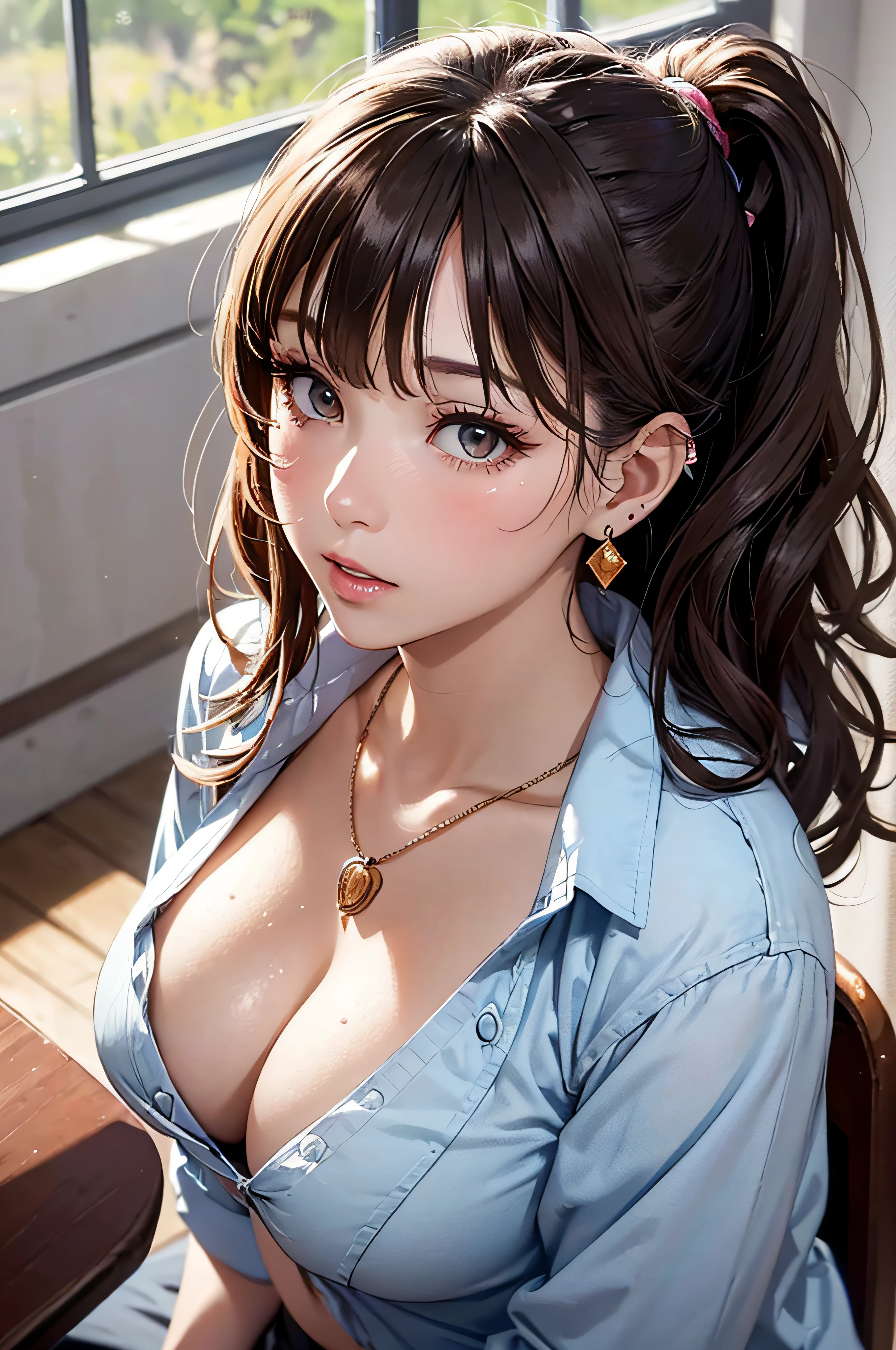 (masutepiece: 1.3), (max resolution: 1.2), (Ultra HDTV: 1.2), cinematric light, Ultra HDTV, (Detailed eyes and skin), (detailed facial features), nffsw, 8K resolution, Sharp Focus: 1.2, Perfect Style, Beautiful face, acurate, Anatomically correct, Highly detailed face and skin texture, Detailed eyes, Brown eyes, Double eyelids, Thin eyebrows, Glitter Eyeliner: 1.2, Natural cheeks, Glossy skin, Fair skin: 1.2, shiny little necklace and earrings, (Glossy lips: 1.4), BREAK, ((POV))), (((High School Uniform: 1.2)))), ((Look up at me))), (Shy look: 1.2)))), (18 years old, Neat girl))))), (ponytail in high position, Wavy Hair, Brown hair, bangs flowing diagonally), Medium Long Hair, scene seen from above, ((Cowboy Shot: 1.2)), (Focus on Face:1.2), (( Very intimate relationships: 1.2)), ((large full breasts)), (upturned breasts), (((In the classroom where the setting sun shines: 1.2)), ((Sitting across from her in a school chair、Curtains flutter in the wind)), ((She  lifted her chin:1.2)), (Staring at me)), Highly detailed face and skin texture, Detailed eyes, Double eyelids, Natural cheeks, Blue eyes,  shiny little necklace and earrings, shiny lips: 1.4,Exposed cleavage、Sperm taken、dripping sperm、red blush、Traces of tears、embarrassed from、White underwear、White bra、Open knees、open one's legs、Masturbation behavior、masturbation、