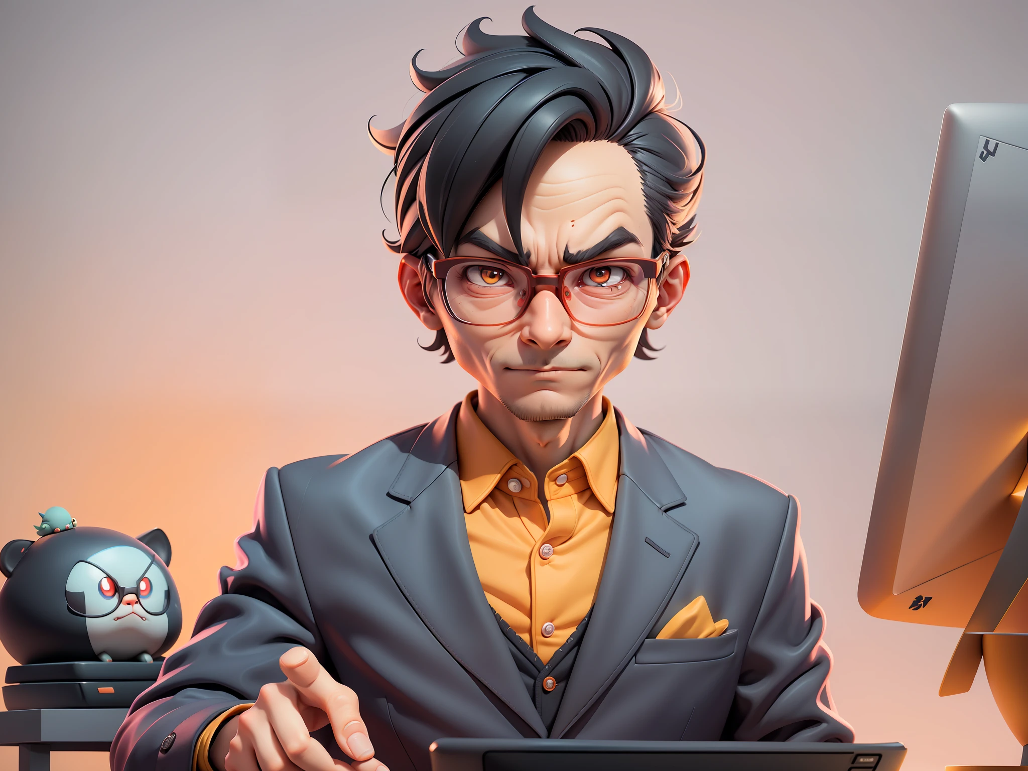 A young man in a suit, Short hair and glasses sat at his desk，holding laptop，digitial painting，tigre，3D character design by Mark Clairen and Pixar and Hayao Miyazaki and Akira Toriyama，4K HD illustration，Very detailed facial features and cartoon-style visuals。