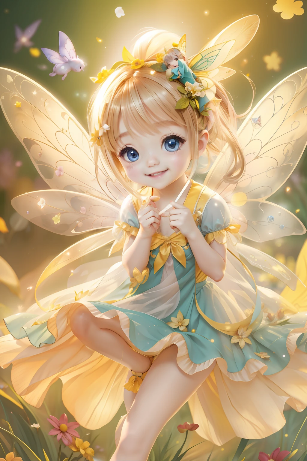 Cute fairy with a sense of transparency、Bright smile、Have fun playing、Beautiful background、Bright background、yellow background