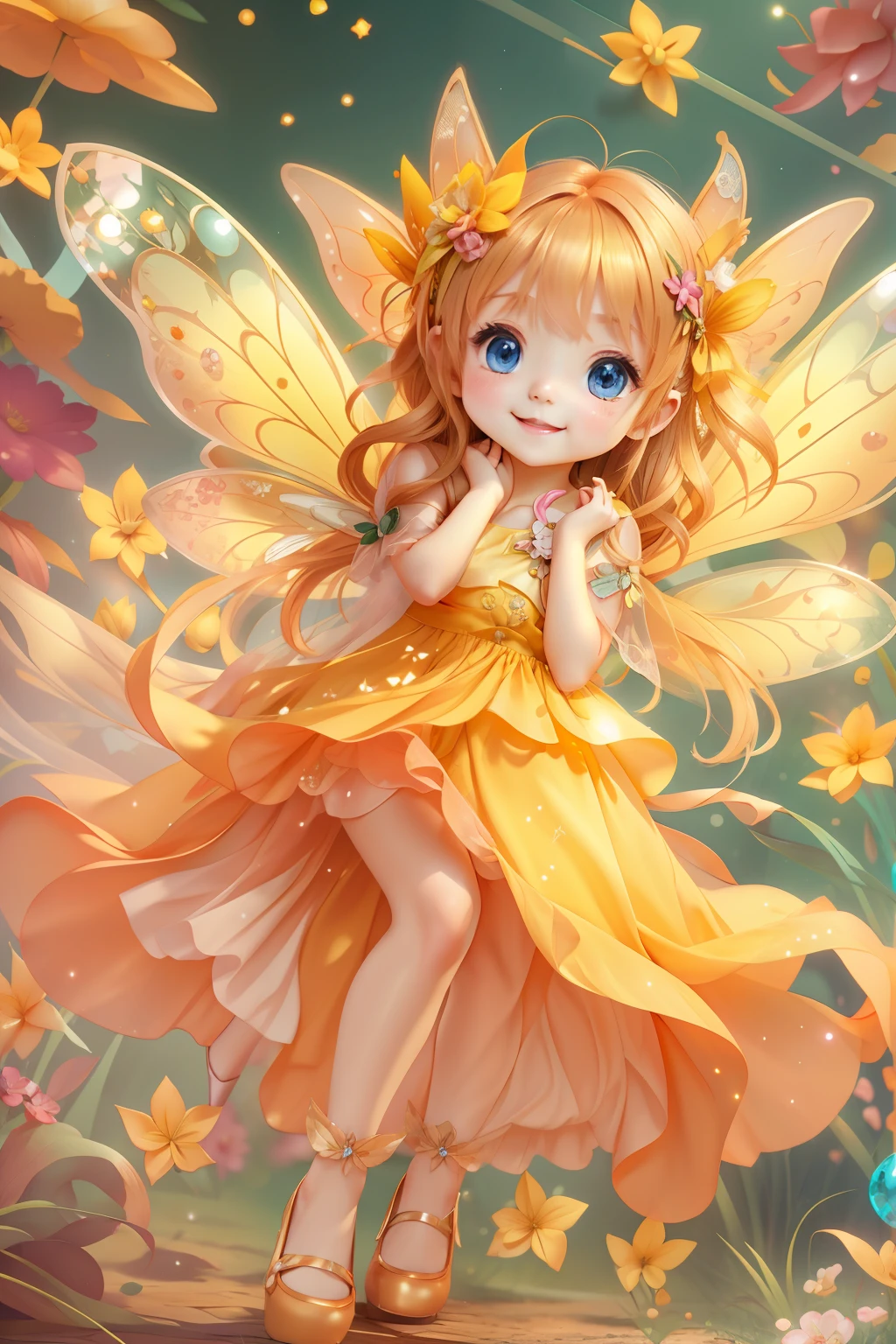 Cute fairy with a sense of transparency、Bright smile、Have fun playing、Beautiful background、Bright background、yellow background