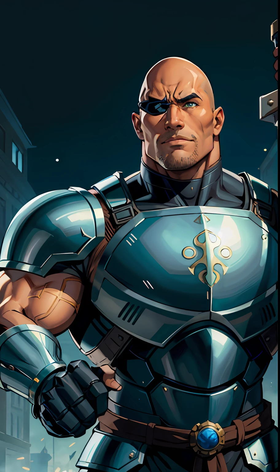 anime, male portrait, big man, very muscular, armor, cybernetic medieval gentleman, Dwayne Johnson face, bald, brown, glowing blue eye, human robot, Dwayne Johnson, sarcastic face, holding fantastic medieval giant sword, green cybernetic medieval armor and black, dynamic fight pose, detailed, epic composition, eyepatch on right eye, scar on right eye showing metal part, chubby, bara, green armor, Black armor, big armor Knight, cybernetic warrior, big sword, cut Black hair, Dwayne Johnson face, high quality, 4k --V6