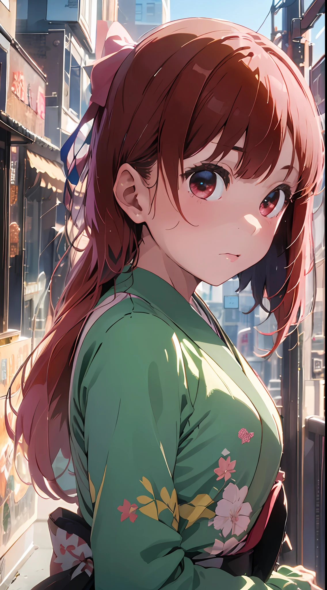 masterpiece、(Photorealsitic:1.5)、Realistic big eyes、Japan girl、top-quality、beautiful lighting、profetional lighting、photon maping、Radio City、physically-based renderingt、 1girl in, Red-haired, Hair ribbon, komono, kimono, shorth hair, O cabelo multicolorido, Red eyes, Pink kimono, Pink ribbon, bow ribbon, Very beautiful hair, bit gag, gag, Skysky, ((Aged)), (RAW Photography、8kUHD、film grains)