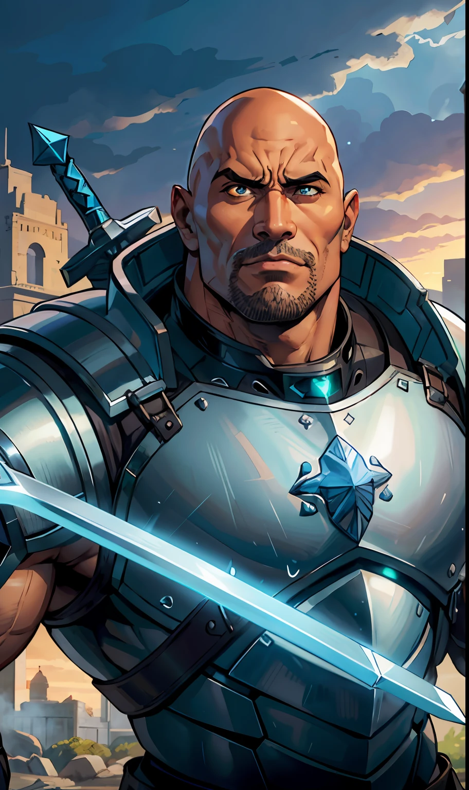 anime, male portrait, big man, very muscular, armor, cybernetic medieval gentleman, Dwayne Johnson face, bald, brown, glowing blue eye, human robot, Dwayne Johnson, sarcastic face, holding fantastic medieval giant sword, green cybernetic medieval armor and black, dynamic fight pose, detailed, epic composition, eyepatch on right eye, scar on right eye showing metal part, chubby, bara, green armor, Black armor, big armor Knight, cybernetic warrior, big sword, cut Black hair, Dwayne Johnson face, high quality, 4k --V6