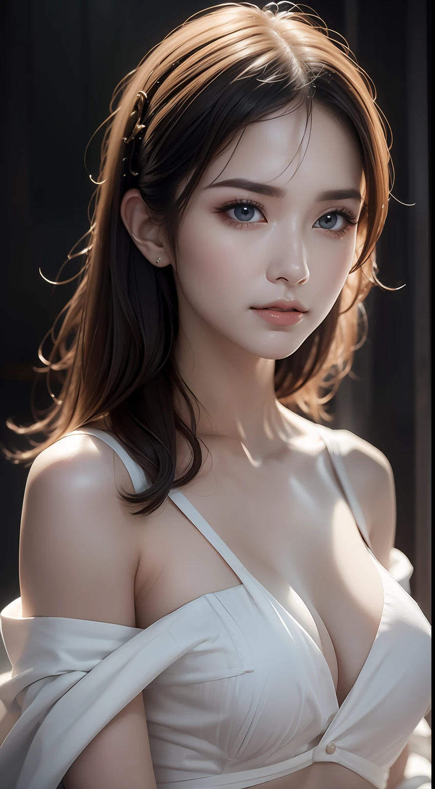 (masterpiece:1.2), (best quality), (ultra detailed), (8k,intricate), (lens 135mm,f1.8),(photorealistic)(black background:1.3),
portrait photography,(upper body:1.3),(off-shoulder),
side lighting,Rim lighting,best shadow,face light source,
perfect anatomy,	perfect face,perfect female body,first-rate female bodies,
Detailed skin texture, detailed cloth texture, detailed beautiful face,exquisitely detailed skin,highly detailed skin,pale skin,detailed hair,glistening skin,