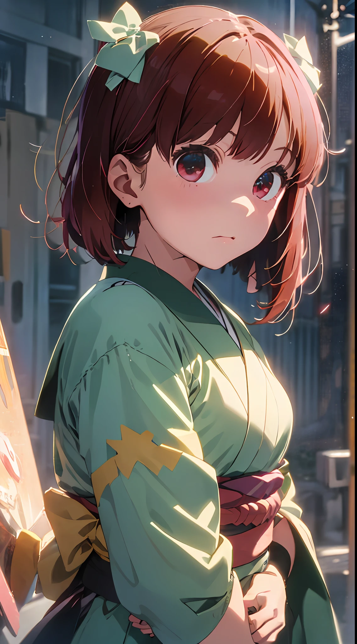 masterpiece、(Photorealsitic:1.5)、Realistic big eyes、Japan girl、top-quality、beautiful lighting、profetional lighting、photon maping、Radio City、physically-based renderingt、 1girl in, Red-haired, Hair ribbon, komono, kimono, shorth hair, O cabelo multicolorido, Red eyes, Pink kimono, Pink ribbon, bow ribbon, Very beautiful hair, bit gag, gag, Skysky, ((Aged)), (RAW Photography、8kUHD、film grains)