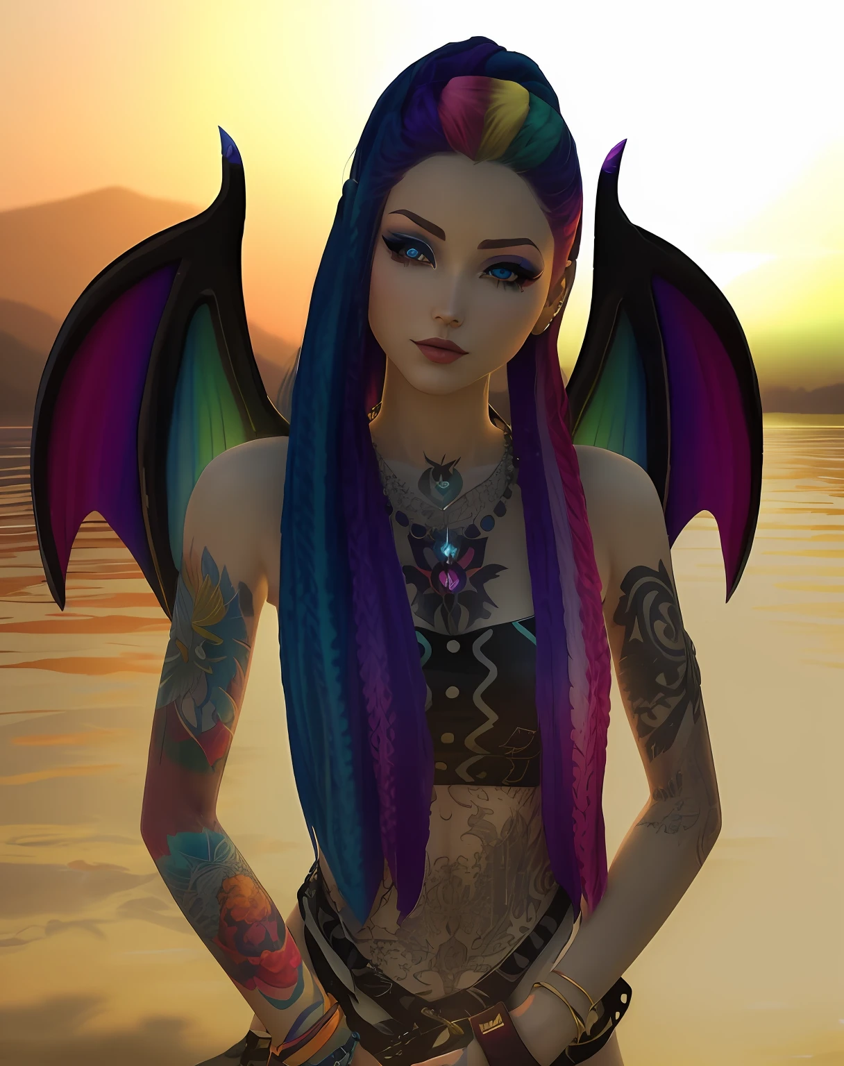 arafed woman with colorful hair and tattoos standing in the water, second life avatar, dark fae, in the sunset, vibrant fantasy style, dark rainbow nimbus, rainbow wings, goth girl, ((sunset)), sunset lighting, long glowing colourful hair, inspired by Anne Stokes, lilith, with a sunset, beautiful succubus, imvu, colorful and dark