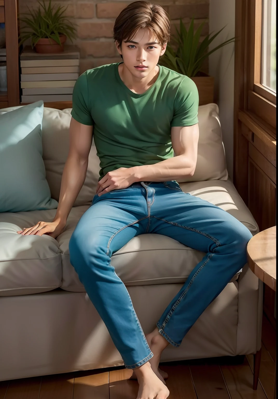 Handsome, ************, mestizo, best picture quality, higher quality, high detail, ultra-high resolution, 8k resolution, delicate facial features, boy, muscles, glowing eyes, short hair, hair details, legs apart [[look away, look to the side , Topless, ((((crotch bulge))))), real men, real human, jeans, sit down, skinny