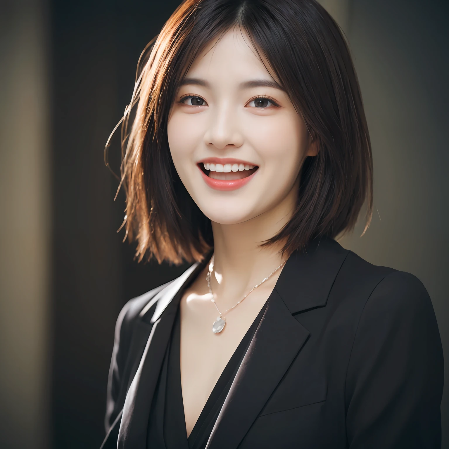 Dressed, (photographrealistic:1.4), (Hyper realistic:1.4), (Realistic:1.3), (Smoother lighting:1.05), (increase cinematic lighting quality:0.9), 32K, 1girl in,25-years old, Realistic lighting, Backlighting, Light on Face, raytrace, (Brightening light:1.2), (Increase quality:1.4), (Top quality real texture skins:1.4), finely detailed eyes, finerly detailed face, (tired and sleepy and joy:0), (Laugh:1.4), Black Suit,a necklace, (Increase body line mood:1.1), (Increase the beauty of skin texture:1.1)