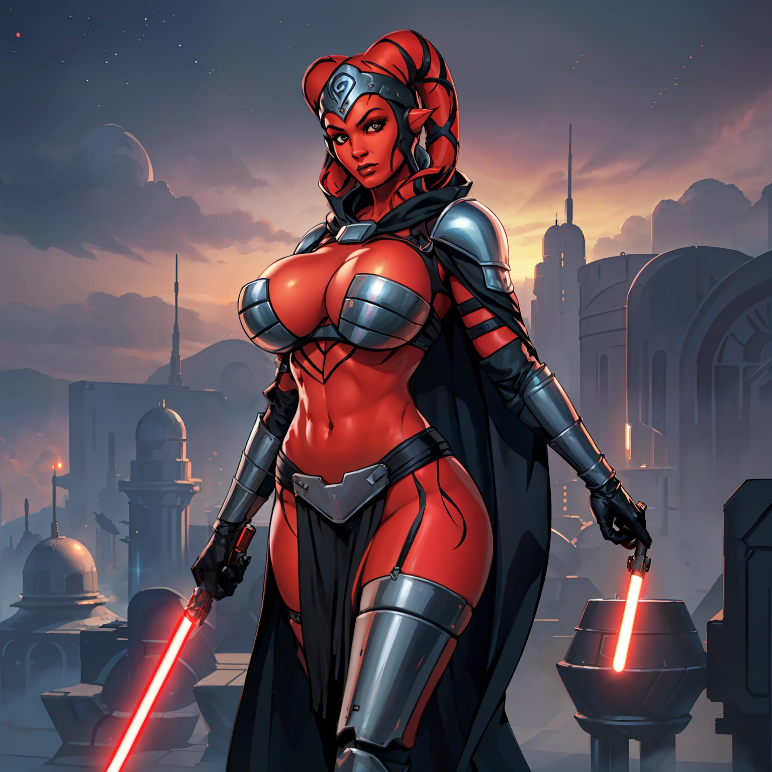 busty, masterpiece, best quality, highly detailed, award winning, high definition, ((red skin), twi'lek), dual red lightsabers, evil space knight, space ninja, (black robes, black stealth armor, breastplate, tunic, tabard, cowl, cloak, body glove, straps, buckles, skirts, long sleeves, fantasy, ((armor))), ((busty), slender body, thin, slim sexy body, slim waist, (((huge breasts)))), Imperial starship, Star Wars,