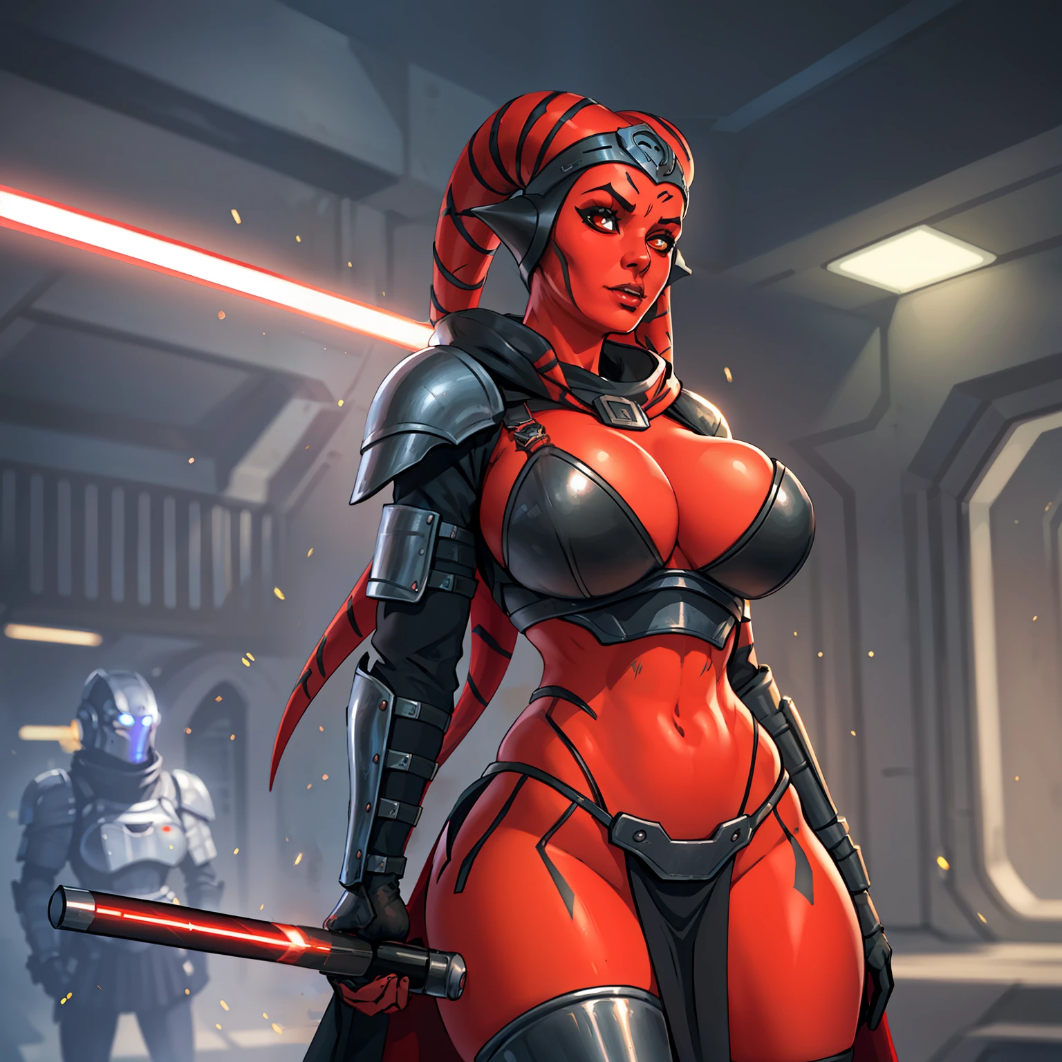busty, masterpiece, best quality, highly detailed, award winning, high definition, ((red skin), twi'lek), dual red lightsabers, evil space knight, space ninja, (black robes, black stealth armor, breastplate, tunic, tabard, cowl, cloak, body glove, straps, buckles, skirts, long sleeves, fantasy, ((armor))), ((busty), slender body, thin, slim sexy body, slim waist, (((huge breasts)))), Imperial starship, Star Wars,