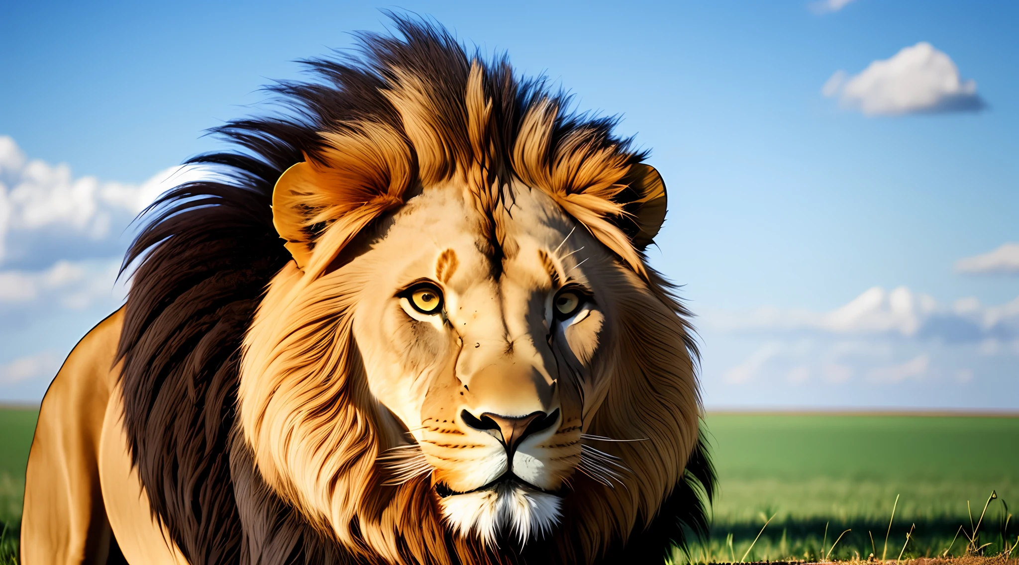 A lion in vivid colors ultra realistic imposing position frontal view in an open field super ultra 8k reslution