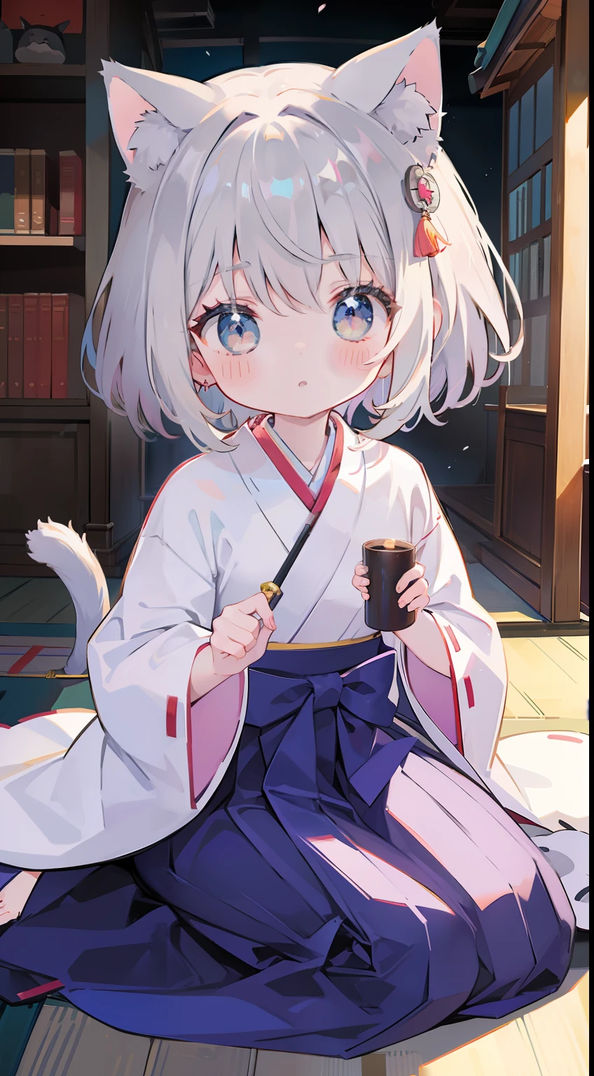 cat ear、One girl、silber hair、Hakama、cute little、shrines、masterpiece、top-quality、Top image quality、