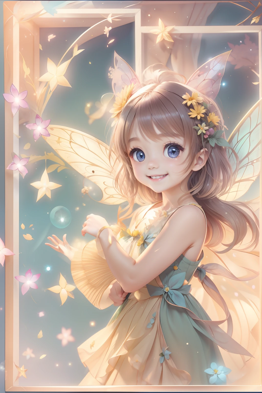 Cute fairy with a sense of transparency、Bright smile、Have fun playing、Beautiful background、Bright background、yellow background、himawari