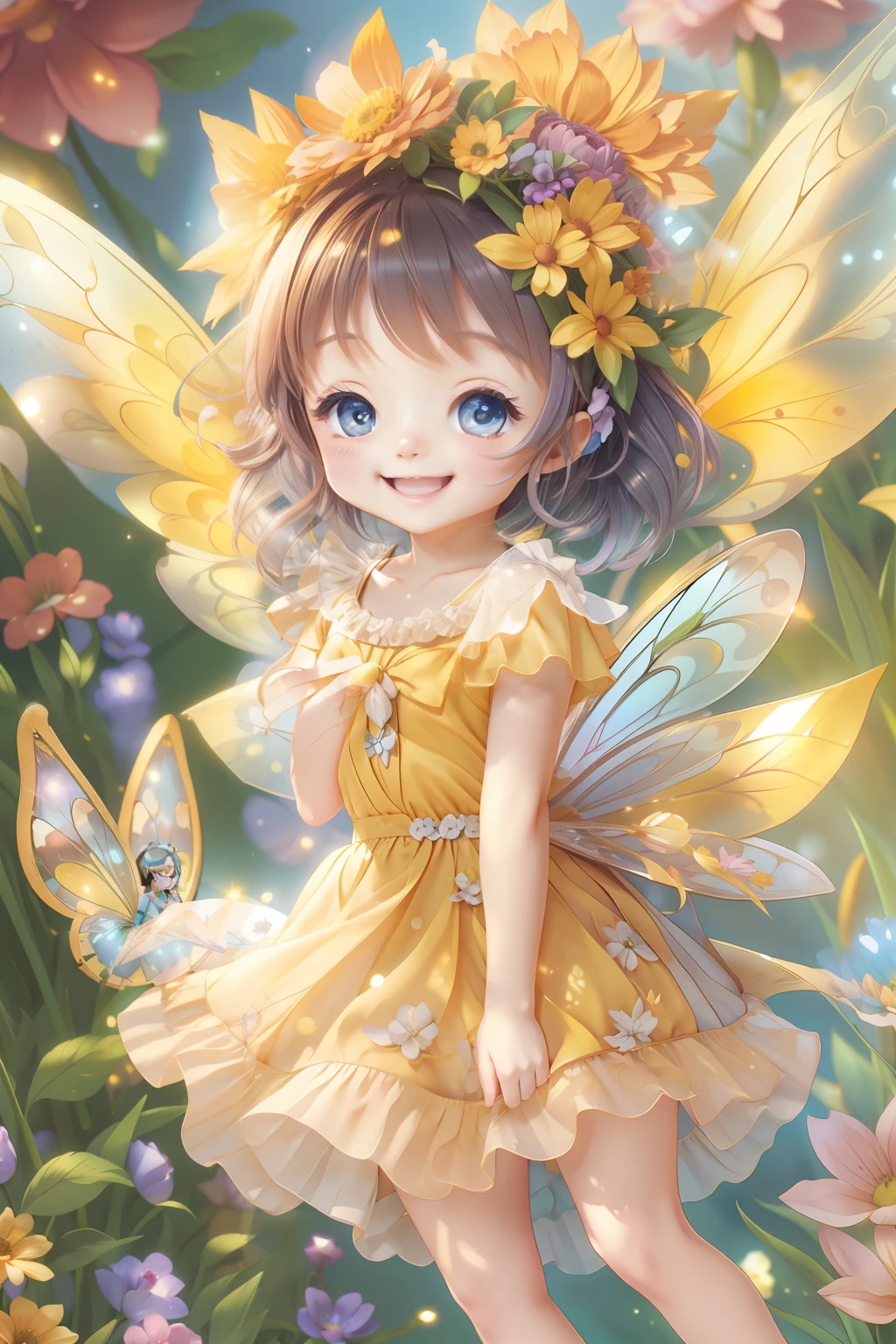 Cute fairy with a sense of transparency、Bright smile、Have fun playing、Beautiful background、Bright background、yellow background、himawari