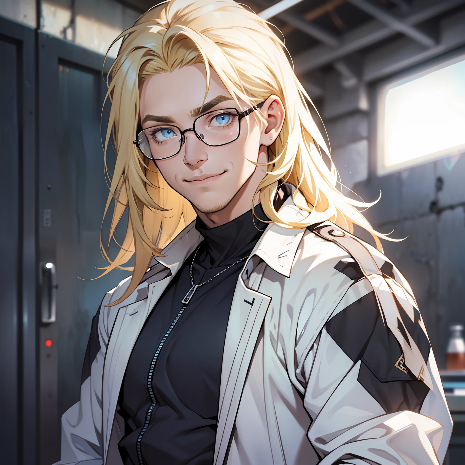 I am a young attractive man with shoulder length blonde hair. My eyebrows are the same color as my hair. I also have pale blue eyes that look like ice. I dress in clothes that fit my frame, nothing too tight or too baggy. And of course I have a sly yet confident smile. Glasses