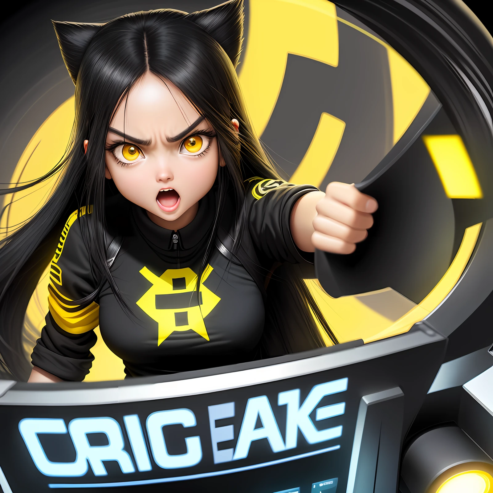 At the computer desk::1.3，Keep your eyes on the computer，working hard::1.2，The expression of a girl with a fierce mouth open，Long black hair avatar，Overall background yellow，big  eyes girl，Two-dimensional style，QQ Speeding Girl Avatar - V4