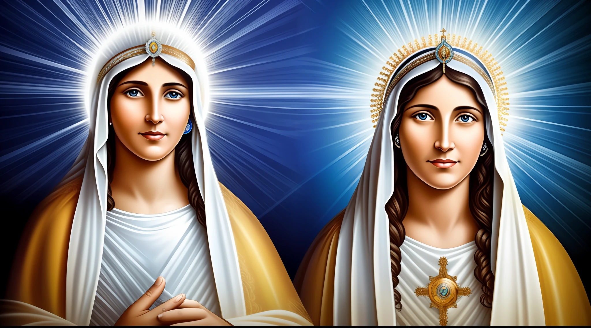 virgem maria, Blessed Mother, mulher de 45 anos, mother of Jesus, cabelo pretos, indigena, de frente, white veil, Crown of light on the head, imagem perfeita, vestida de azul