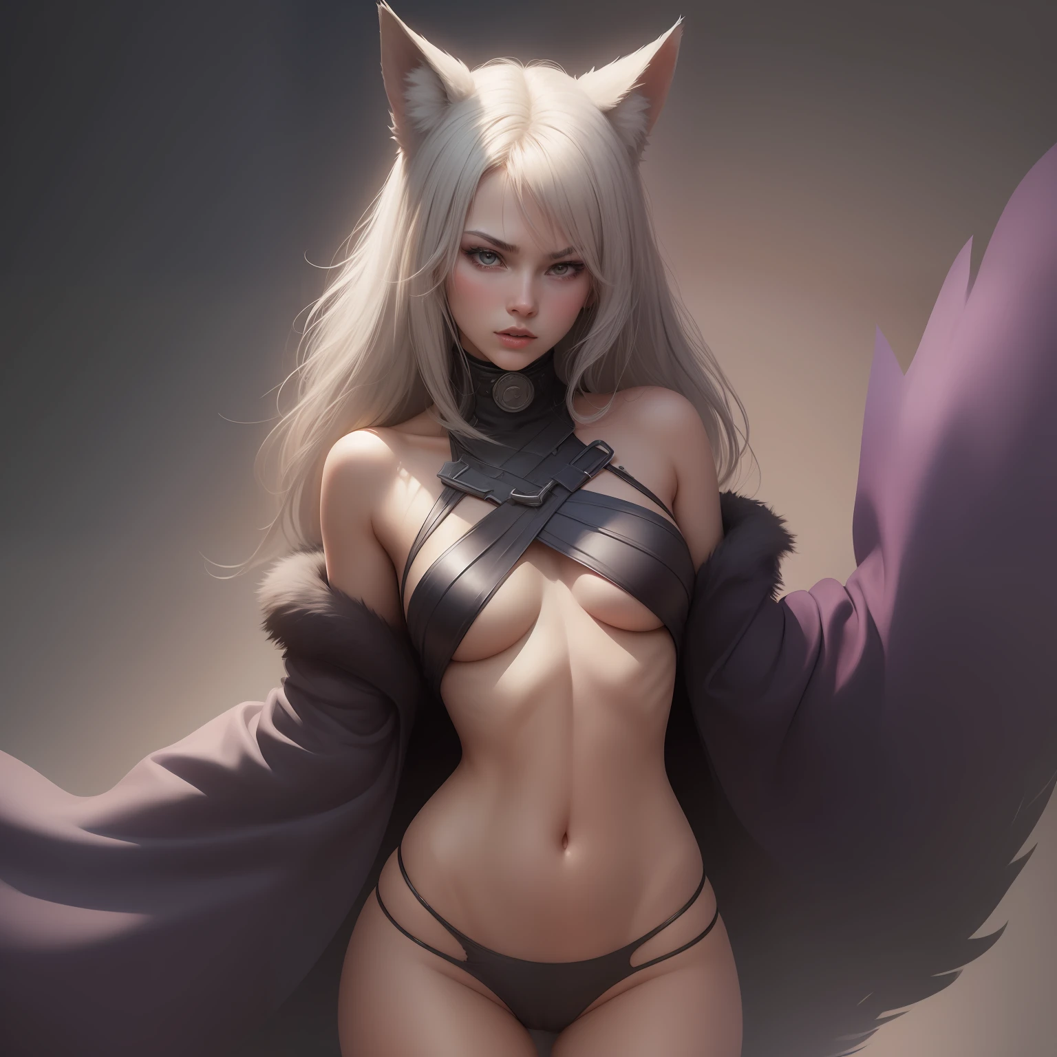 female body wolf, wolf muzzle, all skin cover by Brownish Purple fur, long silver claws, threatening pose