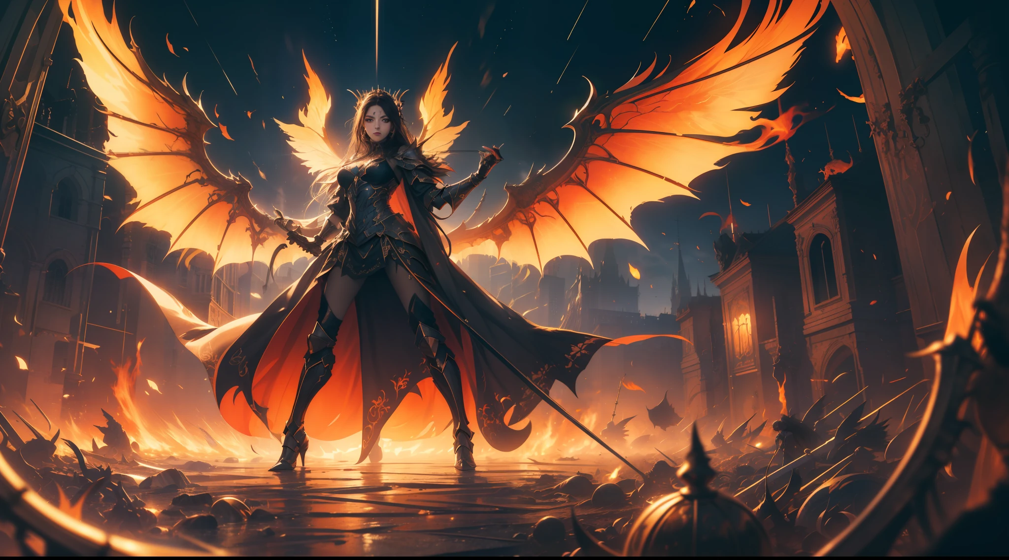 (Extremely detailed Cg Unity 8K wallpaper,Masterpiece, Best quality, Ultra-detailed, Beautiful detailed eyes:1.2),Best illumination, (Best shadow, An extremely delicate and beautiful, full bloom),
1girll,Solo,Large breasts，Heavy armor,Long hair,holdingsword,Black wings,(Big wings:1.4),Film filter,satan, Hellfire,full bodyesbian,demon,Flame,chies，dramatics，dynamicposes，illusory engine， (High detail: 1.9)，full body shot shot