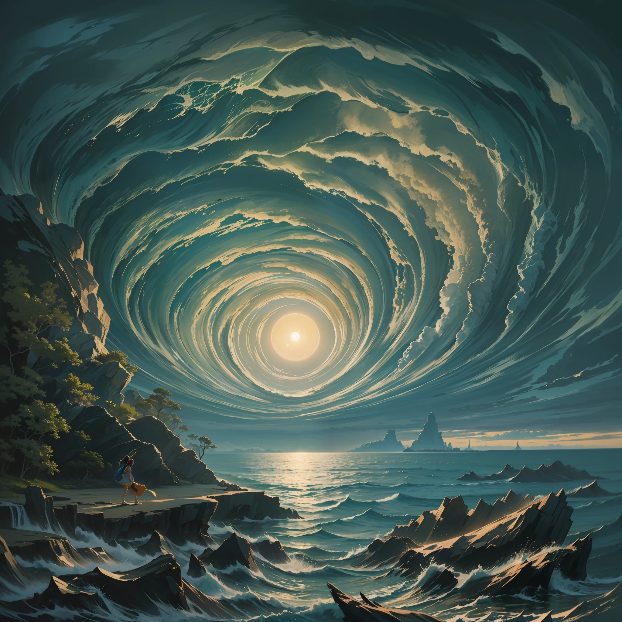 un mundo intermedio con un oceano en el cielo y un oceano en la tierra, con una isla voladora en medio del cielo y la tierra, con un orificio en el cuielo, por conde entran los rayos solares, luz volumetrica, rayos solares, medio dia, obra maestra, mejor calidad, 8k, isla definida,oceano definido, el cielo azul claro, el oceano en la tirra, azul mas oscuro